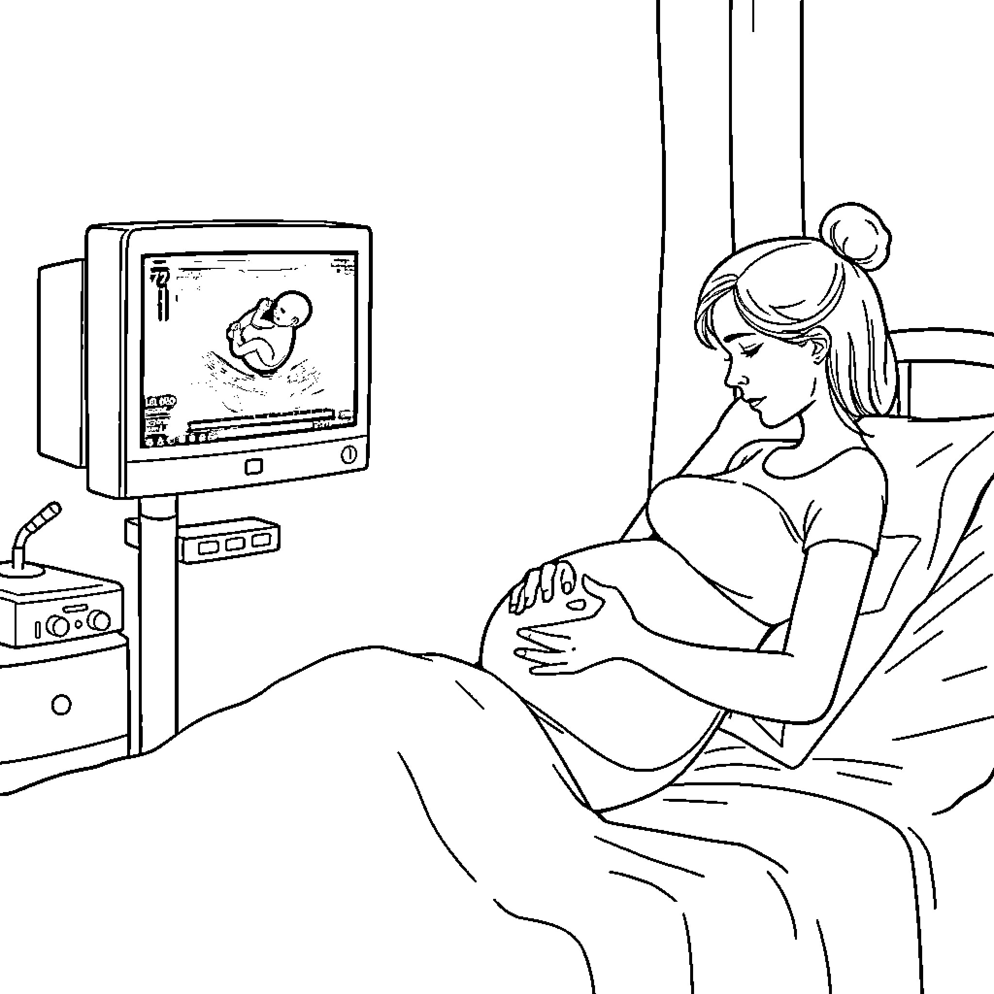 Pregnant Patient Watching Ultrasound Examination Coloring Page (free black-and-white line drawing printable PDF for all, from beginners to advanced learners, including children, teens, adults, and seniors)