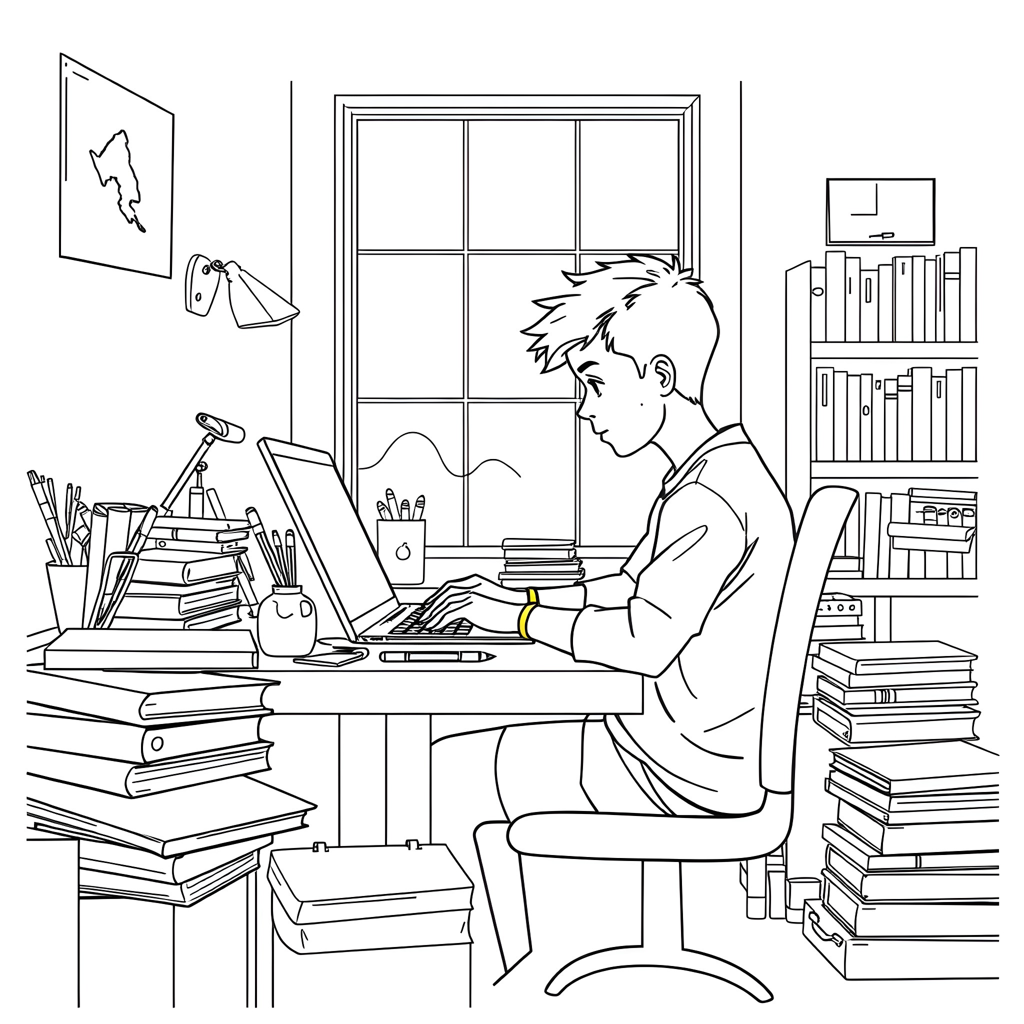 Teen Boy Studying Diligently at His Desk Coloring Page (free black-and-white line drawing printable PDF for all, from beginners to advanced learners, including children, teens, adults, and seniors)