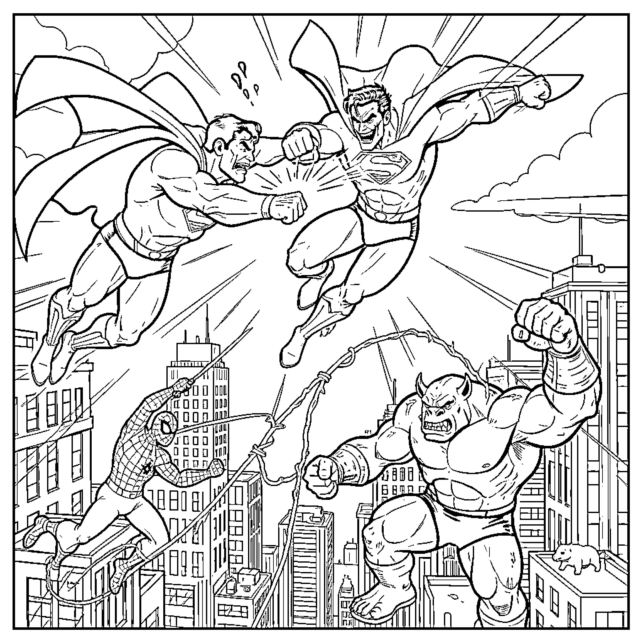 Superman fighting a powerful villain over a city Coloring Page (free black-and-white line drawing printable PDF for all, from beginners to advanced learners, including children, teens, adults, and seniors)