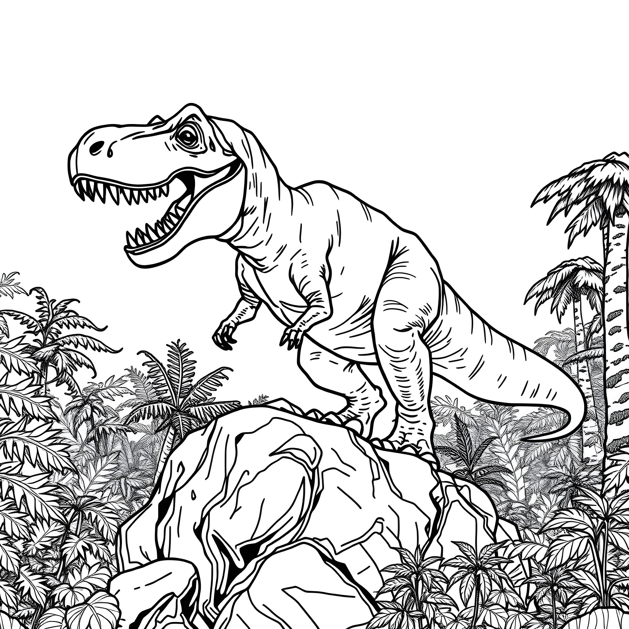Tyrannosaurus Rex Roaring in Prehistoric Jungle Coloring Page (free black-and-white line drawing printable PDF for all, from beginners to advanced learners, including children, teens, adults, and seniors)