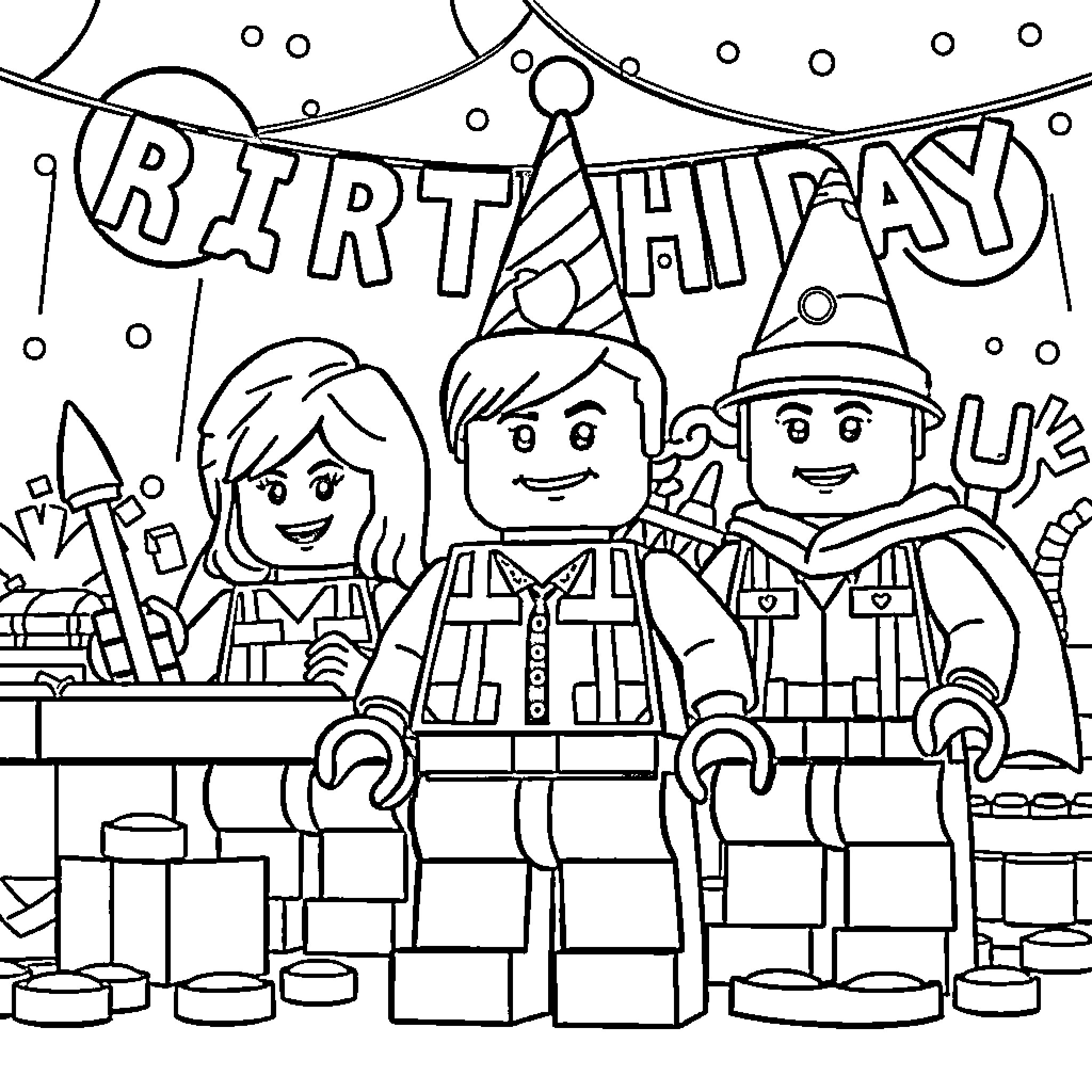 Lego Minifigs Celebrating Birthday Party Together Coloring Page (free black-and-white line drawing printable PDF for all, from beginners to advanced learners, including children, teens, adults, and seniors)