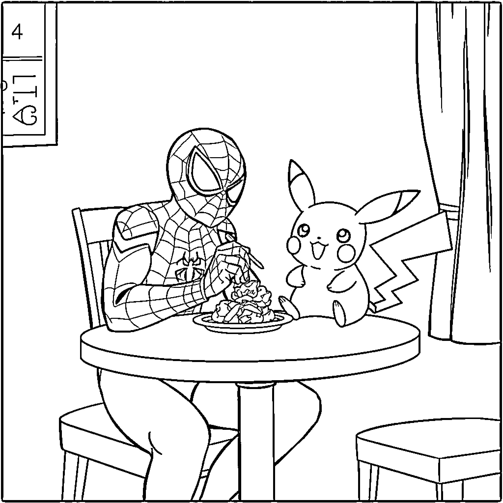 Spider-Man enjoying meal with Pikachu Coloring Page (free black-and-white line drawing printable PDF for all, from beginners to advanced learners, including children, teens, adults, and seniors)