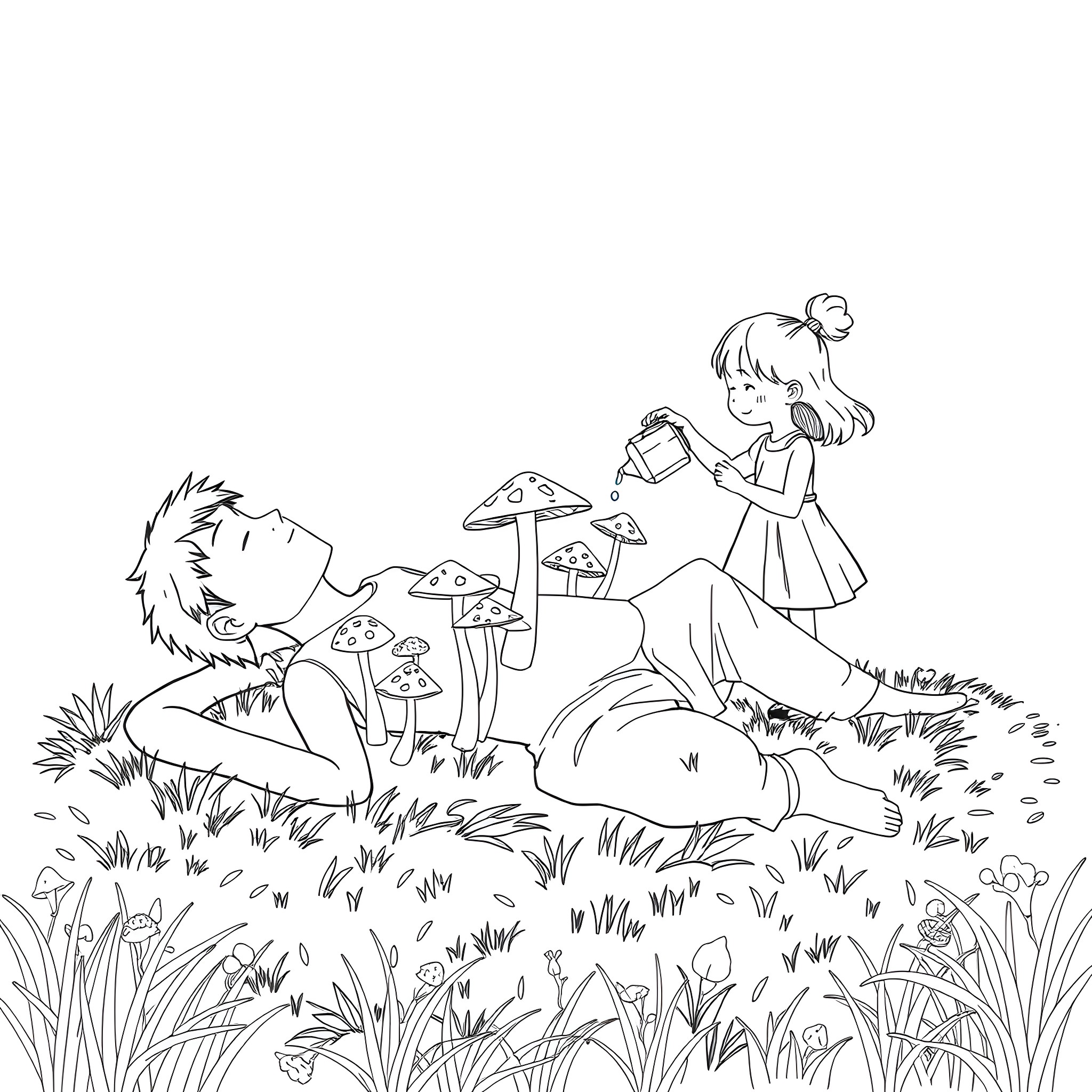 Young Man Relaxing in Meadow with Mushrooms and Woman Coloring Page (free black-and-white line drawing printable PDF for all, from beginners to advanced learners, including children, teens, adults, and seniors)