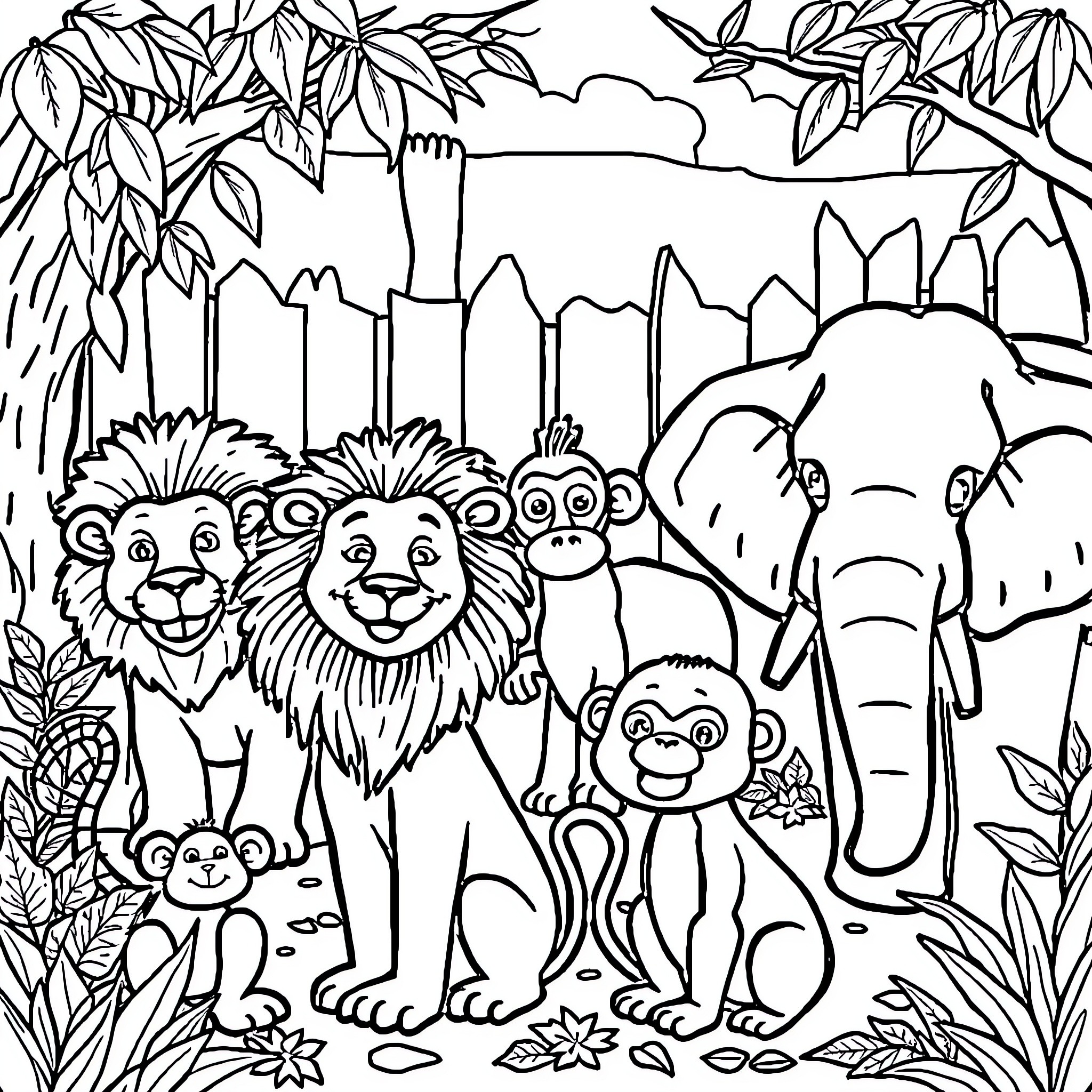 Animal friends in the jungle Coloring Page (free black-and-white line drawing printable PDF for all, from beginners to advanced learners, including children, teens, adults, and seniors)