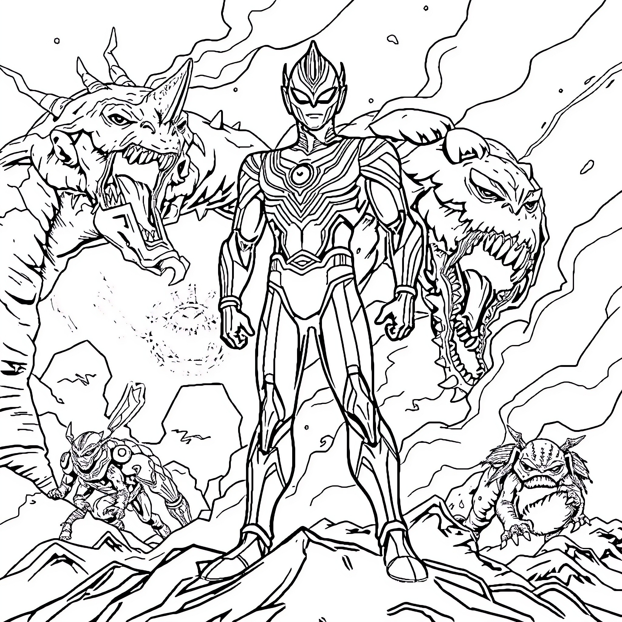 Ultraman Battling Monstrous Creatures in Epic Confrontation Coloring Page (free black-and-white line drawing printable PDF for all, from beginners to advanced learners, including children, teens, adults, and seniors)