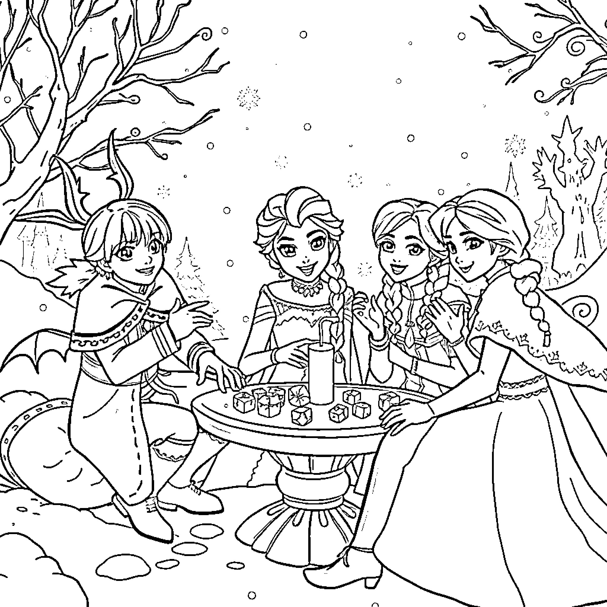 Kpop stars enjoying a snowy outdoor gathering Coloring Page (free black-and-white line drawing printable PDF for all, from beginners to advanced learners, including children, teens, adults, and seniors)