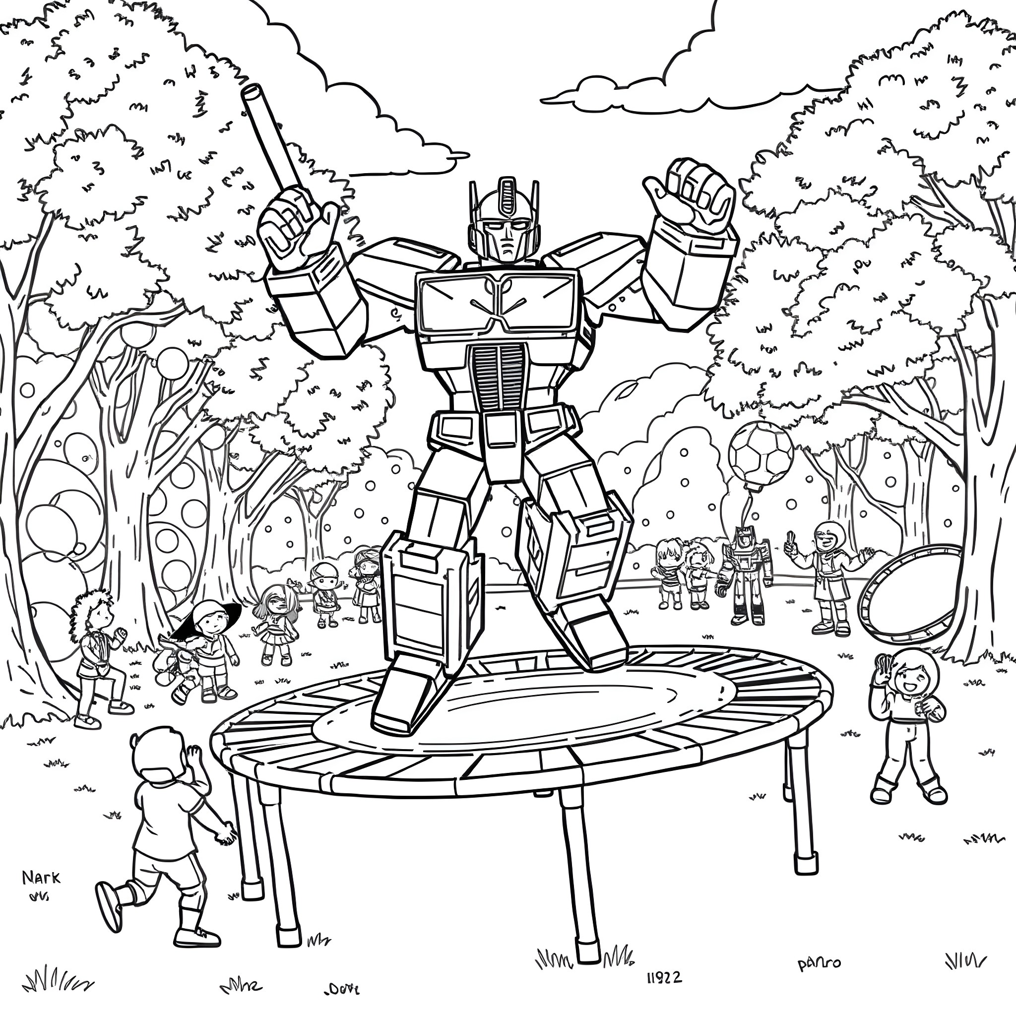 Optimus Prime leading a heroic charge in the wilderness Coloring Page (free black-and-white line drawing printable PDF for all, from beginners to advanced learners, including children, teens, adults, and seniors)