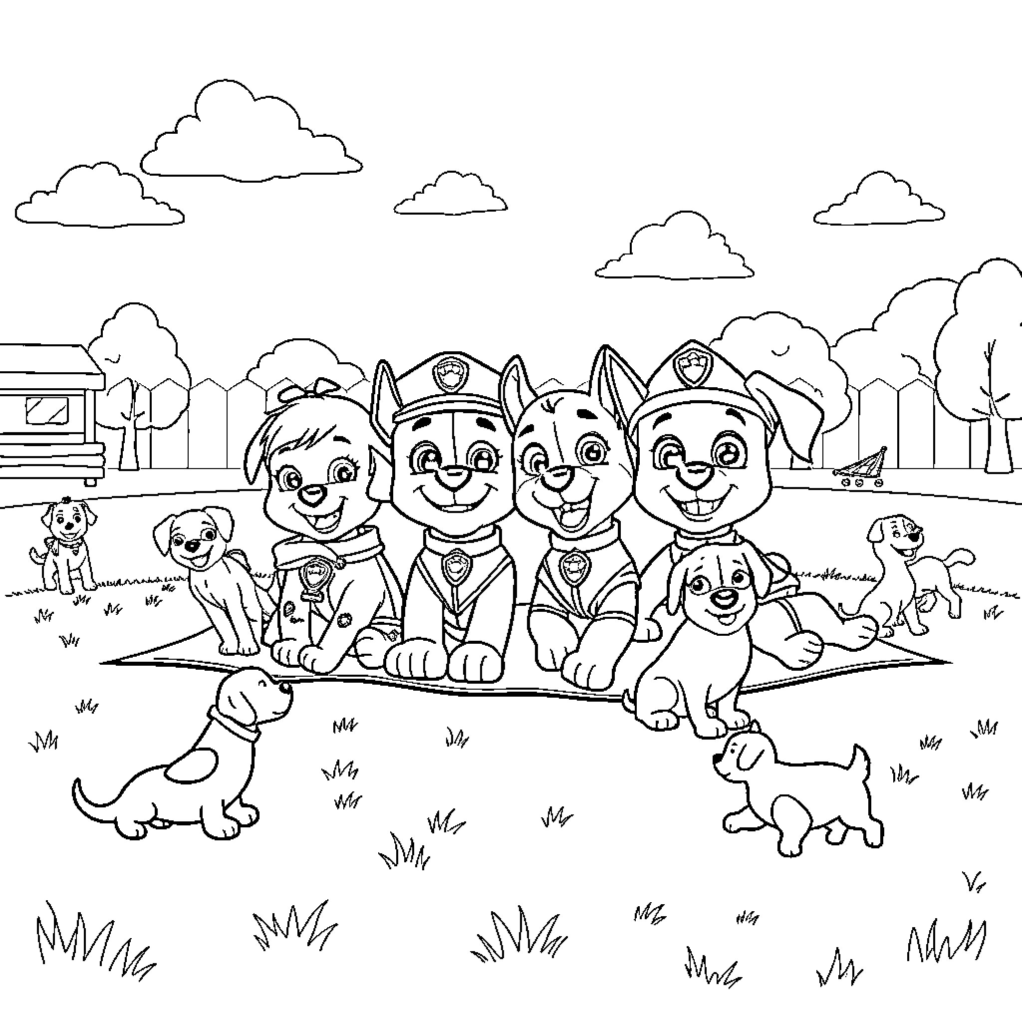 Paw Patrol pups in an outdoor scene Coloring Page (free black-and-white line drawing printable PDF for all, from beginners to advanced learners, including children, teens, adults, and seniors)