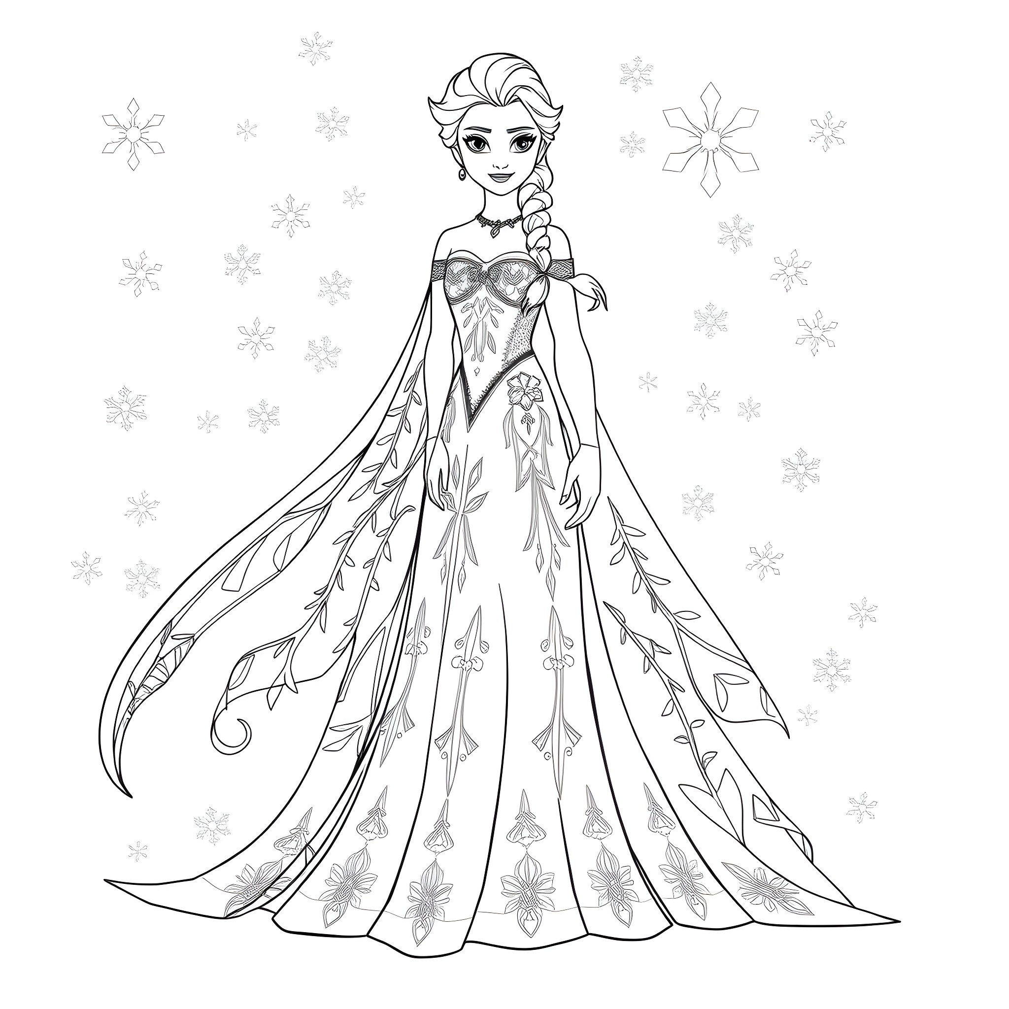 Elsa in elegant winter-themed dress Coloring Page (free black-and-white line drawing printable PDF for all, from beginners to advanced learners, including children, teens, adults, and seniors)