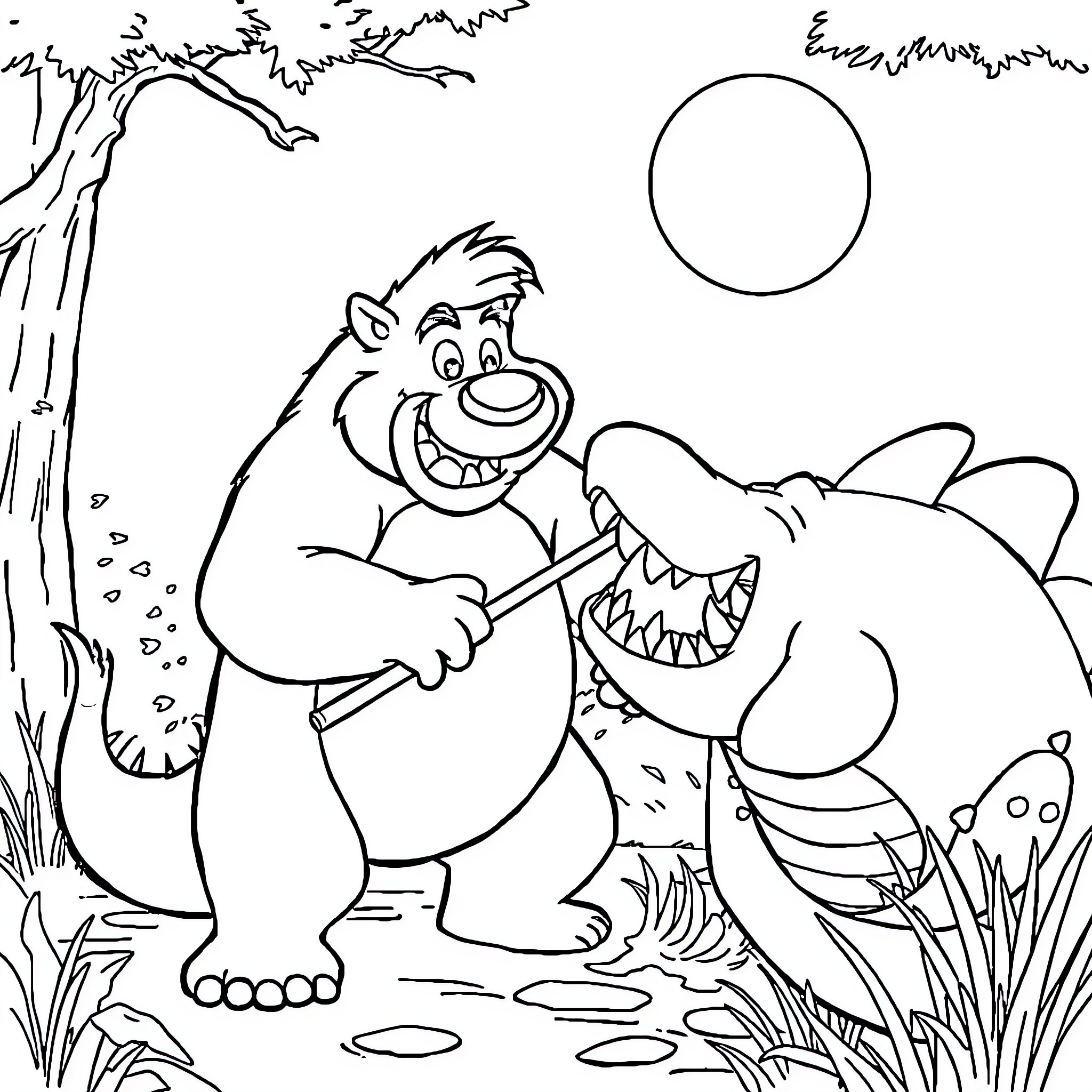 Ours: Playful Encounter in the Wild Coloring Page (free black-and-white line drawing printable PDF for all, from beginners to advanced learners, including children, teens, adults, and seniors)
