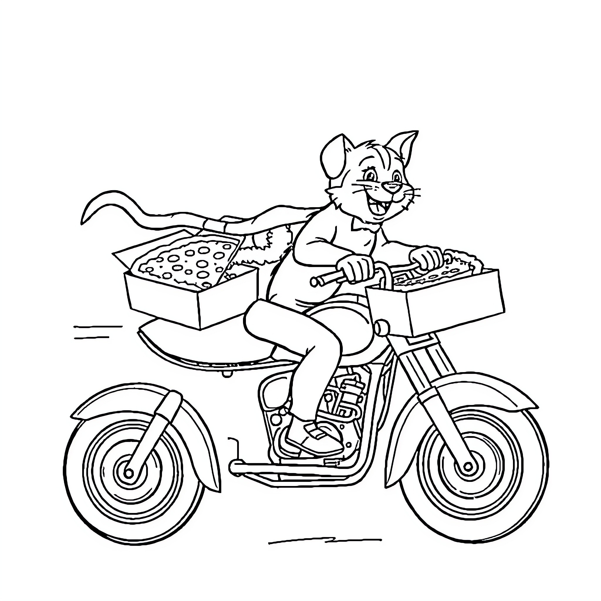 Cat and Dog Riding Motorcycle with Delivery Coloring Page (free black-and-white line drawing printable PDF for all, from beginners to advanced learners, including children, teens, adults, and seniors)