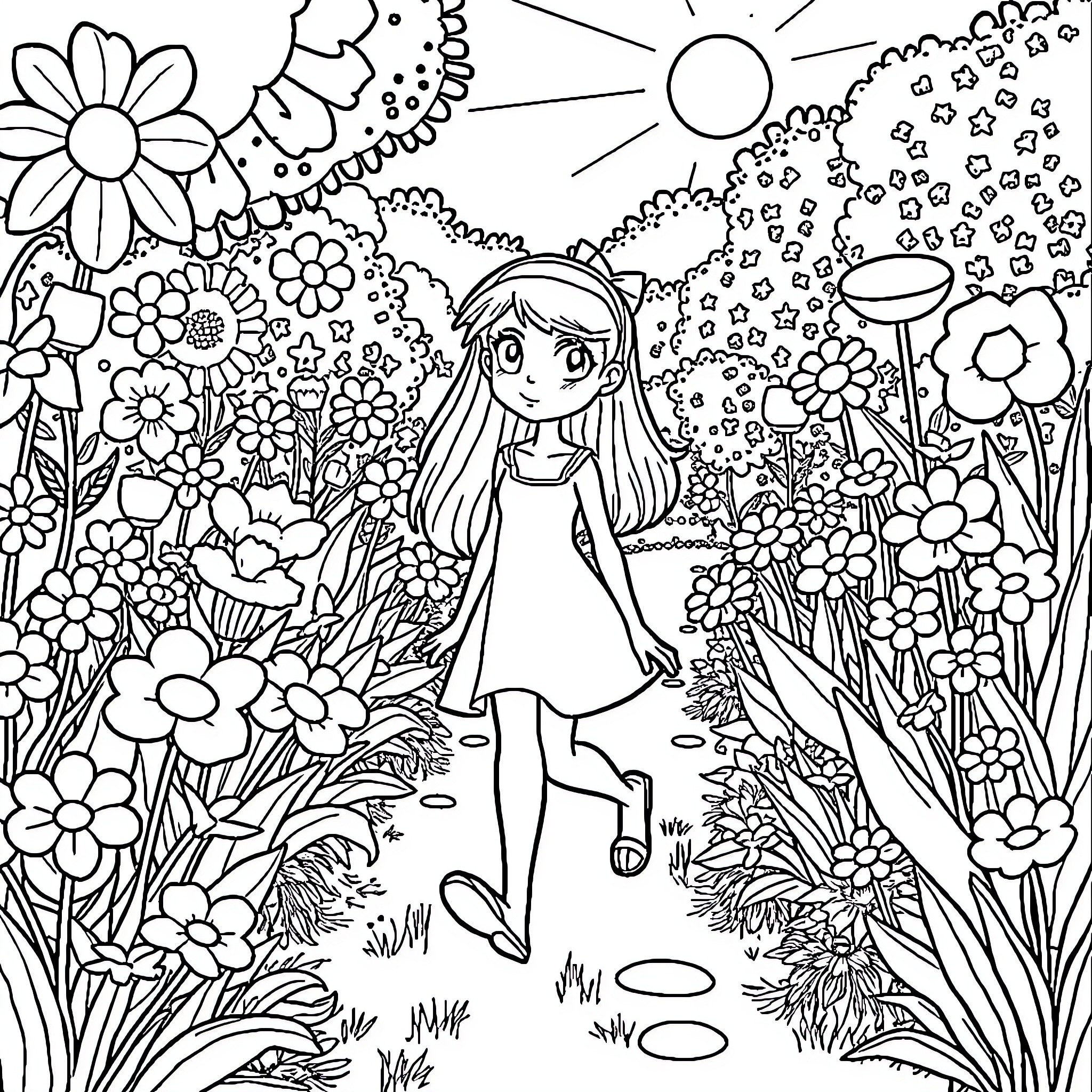 Coraline's Whimsical Floral Adventure Coloring Page (free black-and-white line drawing printable PDF for all, from beginners to advanced learners, including children, teens, adults, and seniors)