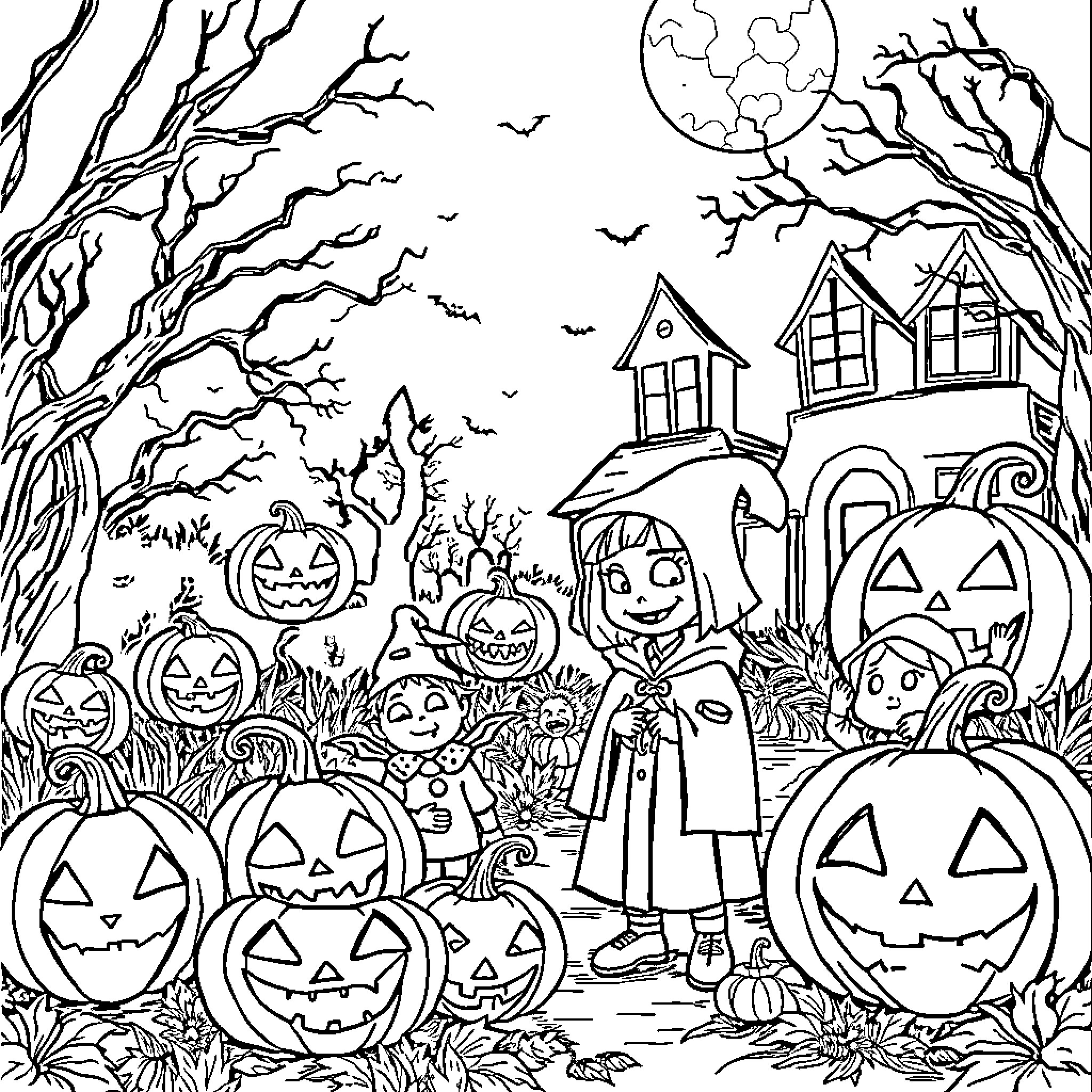 Halloween Trick-or-Treaters at the Haunted House Coloring Page (free black-and-white line drawing printable PDF for all, from beginners to advanced learners, including children, teens, adults, and seniors)