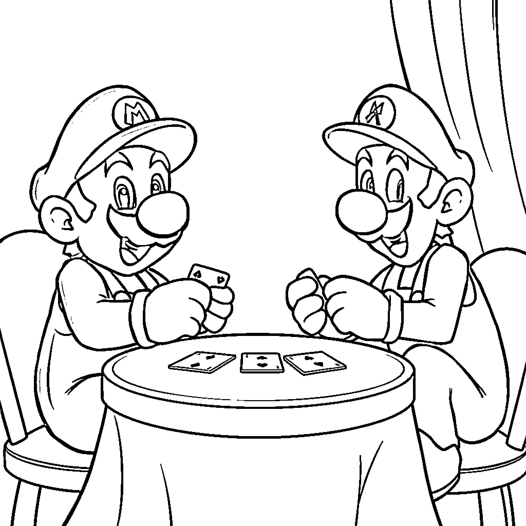 Mario Brothers Playing Cards Together Coloring Page (free black-and-white line drawing printable PDF for all, from beginners to advanced learners, including children, teens, adults, and seniors)
