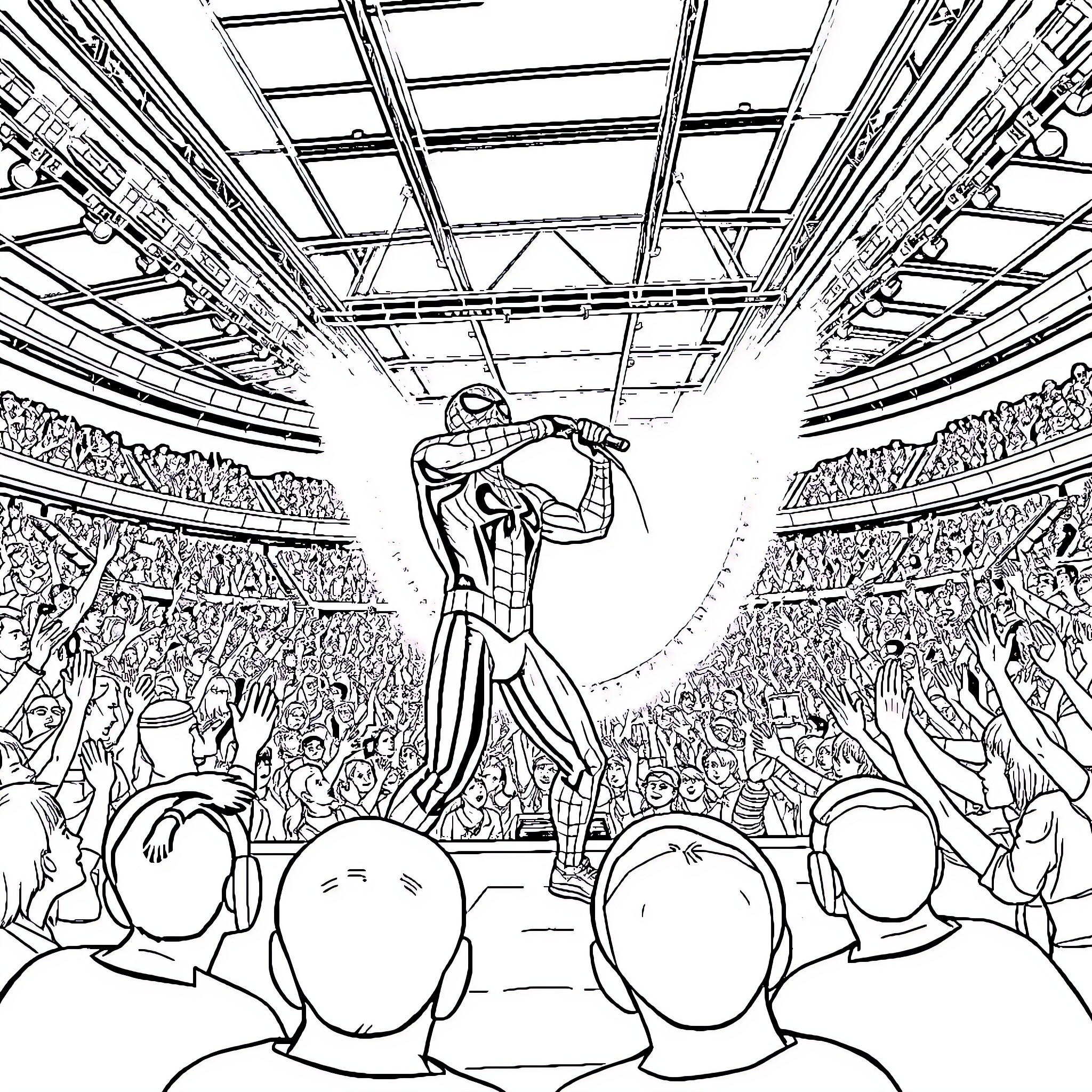 Spiderman performing for a cheering crowd in a stadium Coloring Page (free black-and-white line drawing printable PDF for all, from beginners to advanced learners, including children, teens, adults, and seniors)