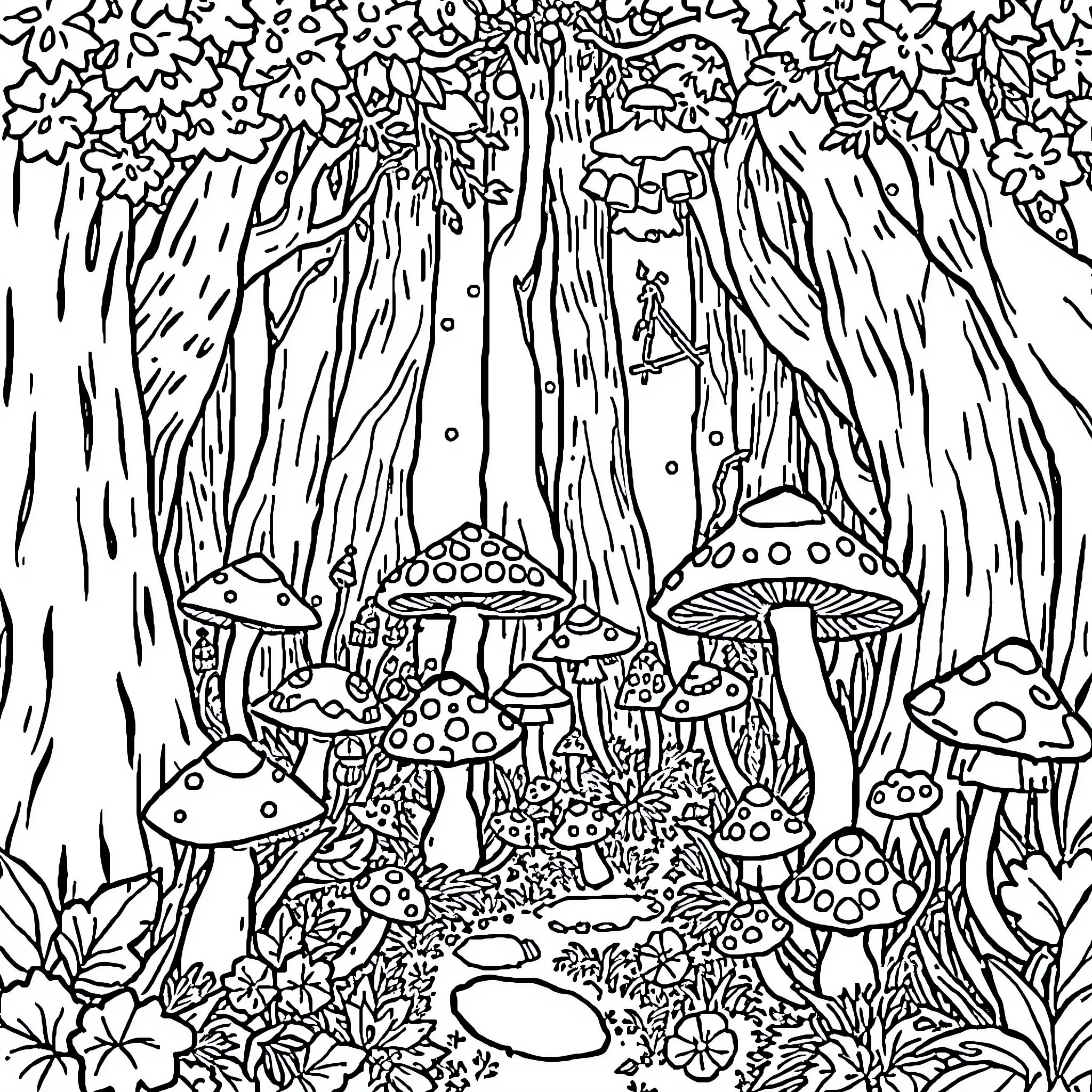 Mushroom Fairy Forest Scene Coloring Page (free black-and-white line drawing printable PDF for all, from beginners to advanced learners, including children, teens, adults, and seniors)
