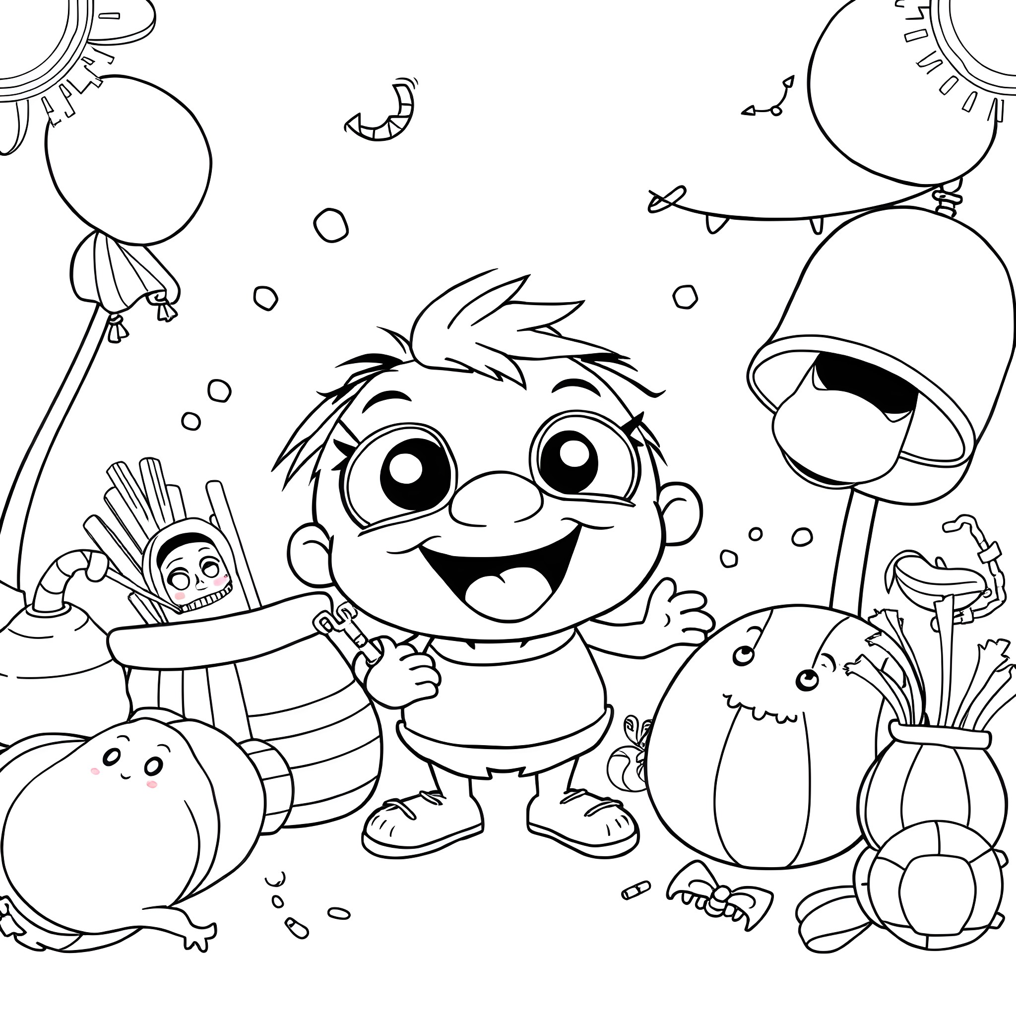 Breast playing happily with toys and balloons Coloring Page (free black-and-white line drawing printable PDF for all, from beginners to advanced learners, including children, teens, adults, and seniors)