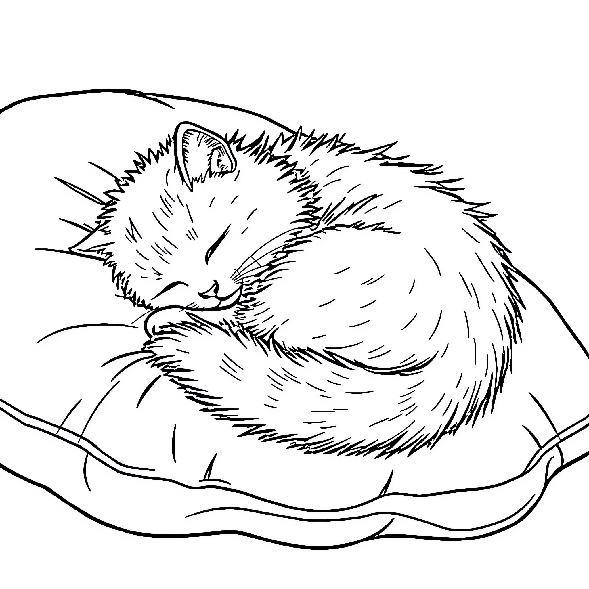 Cat curled up sleeping peacefully Coloring Page (free black-and-white line drawing printable PDF for all, from beginners to advanced learners, including children, teens, adults, and seniors)