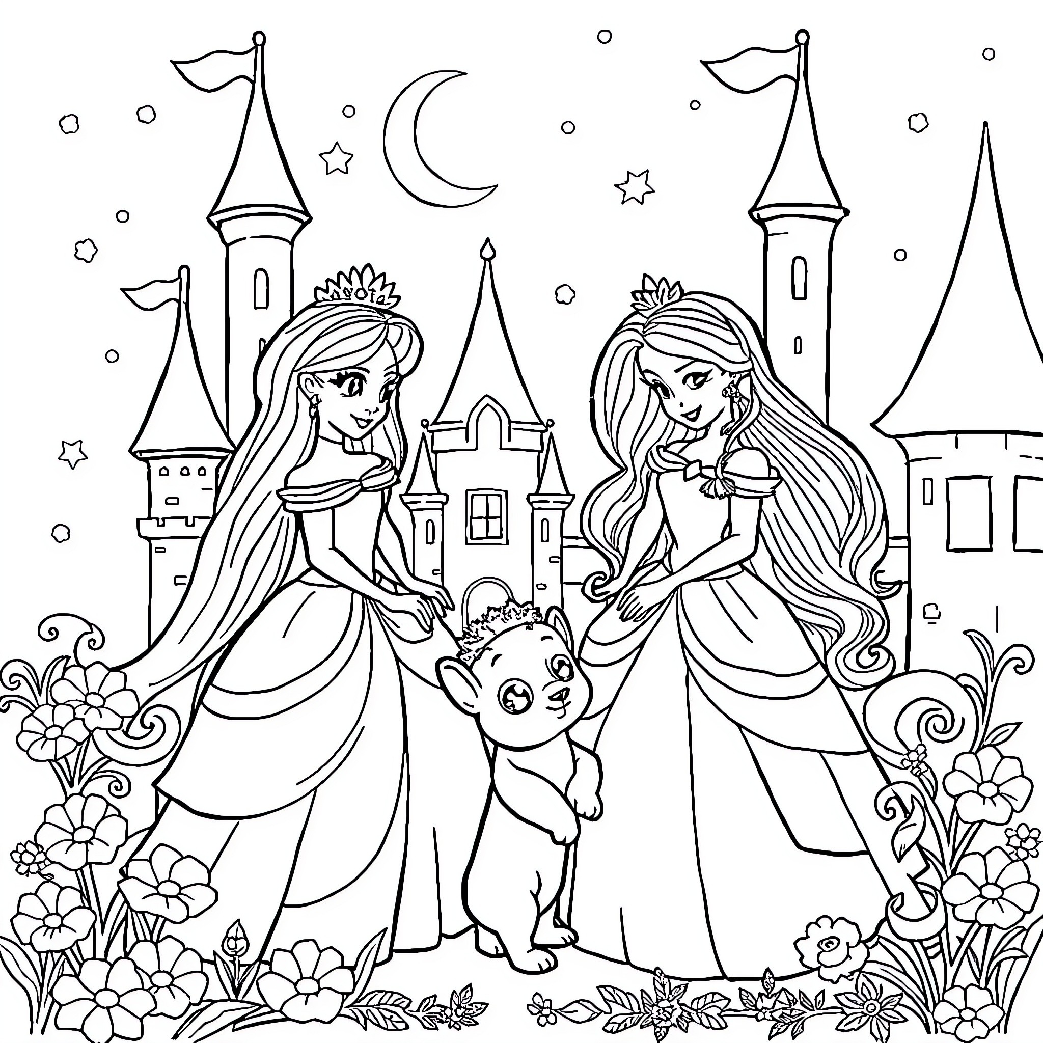 Princess Sisters Admiring Adorable Pet in Castle Garden Coloring Page (free black-and-white line drawing printable PDF for all, from beginners to advanced learners, including children, teens, adults, and seniors)