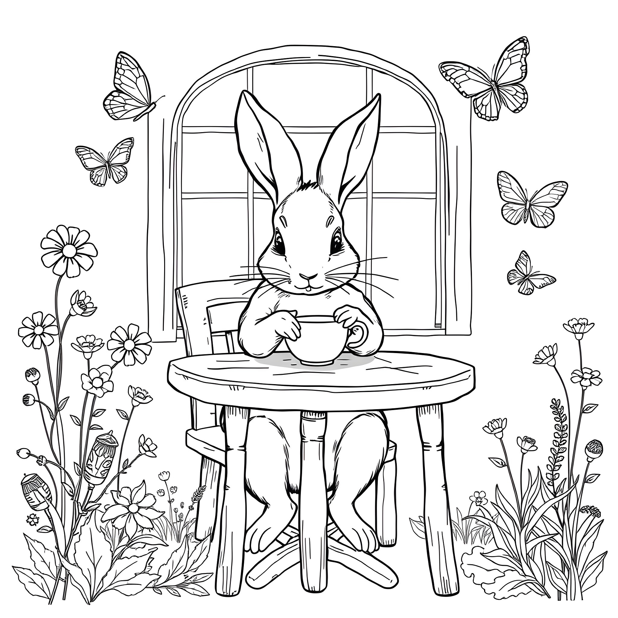 Rabbit Relaxing in Cozy Garden Setting Coloring Page (free black-and-white line drawing printable PDF for all, from beginners to advanced learners, including children, teens, adults, and seniors)