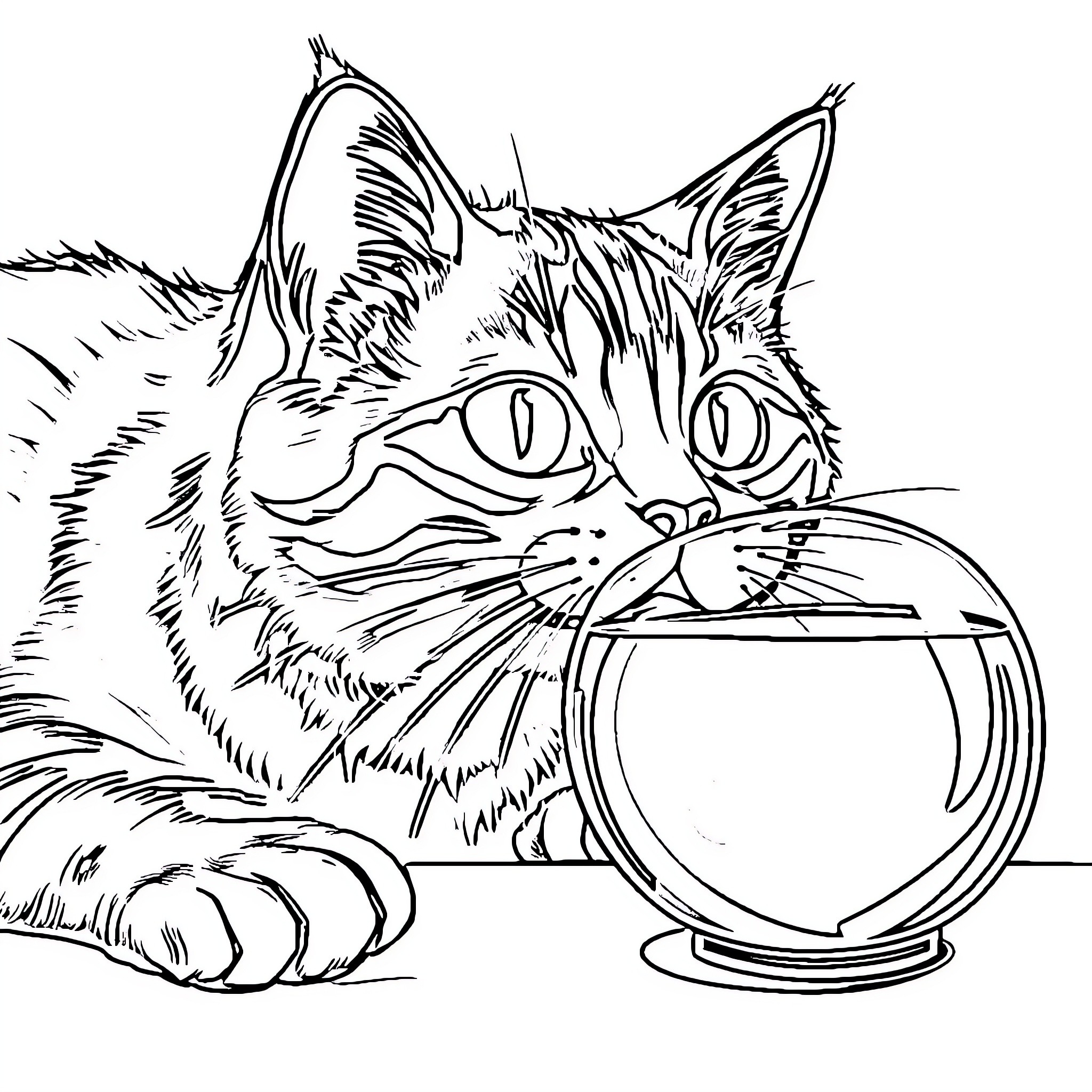 Cat observing fish in bowl Coloring Page (free black-and-white line drawing printable PDF for all, from beginners to advanced learners, including children, teens, adults, and seniors)