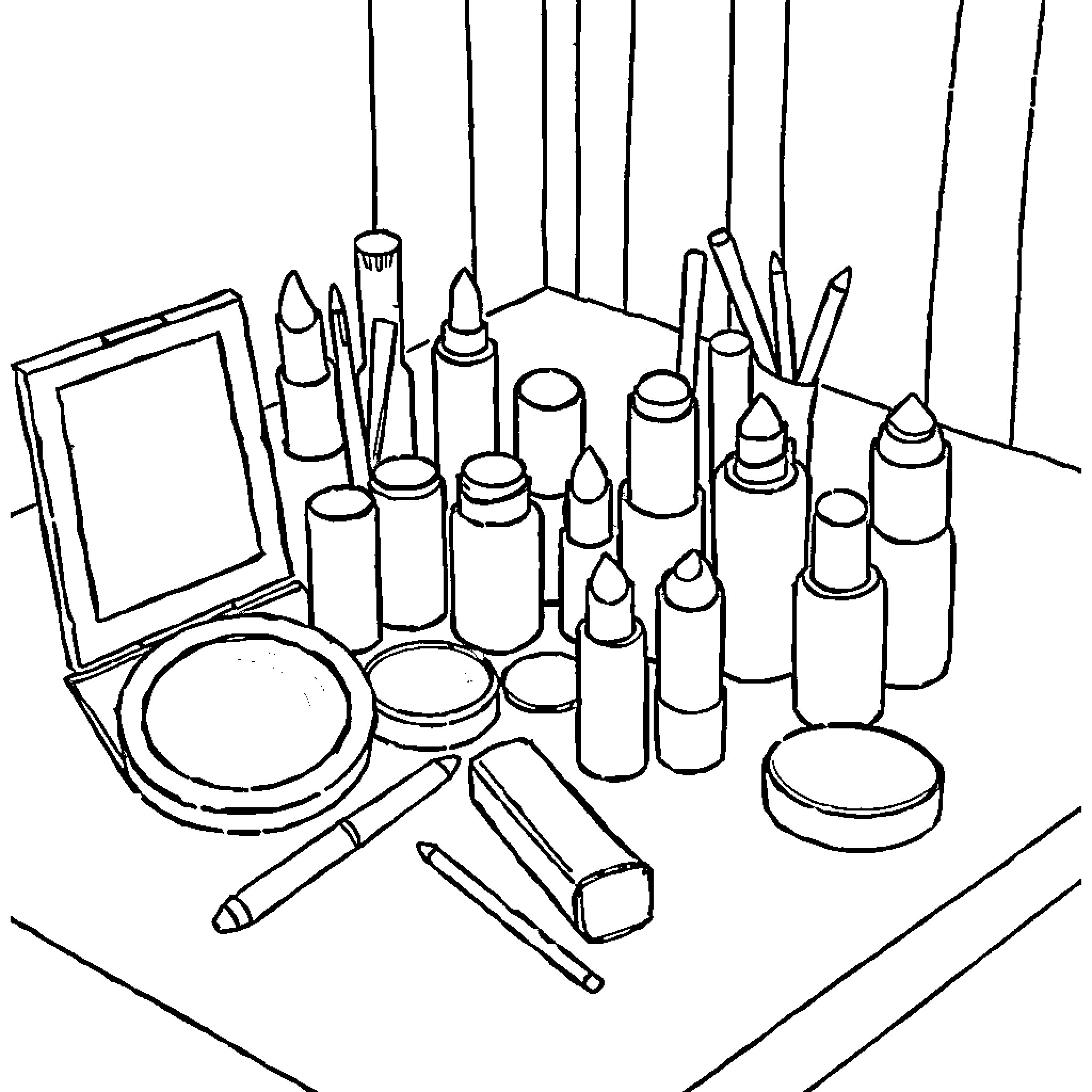 Makeup Essentials Displayed Coloring Page (free black-and-white line drawing printable PDF for all, from beginners to advanced learners, including children, teens, adults, and seniors)