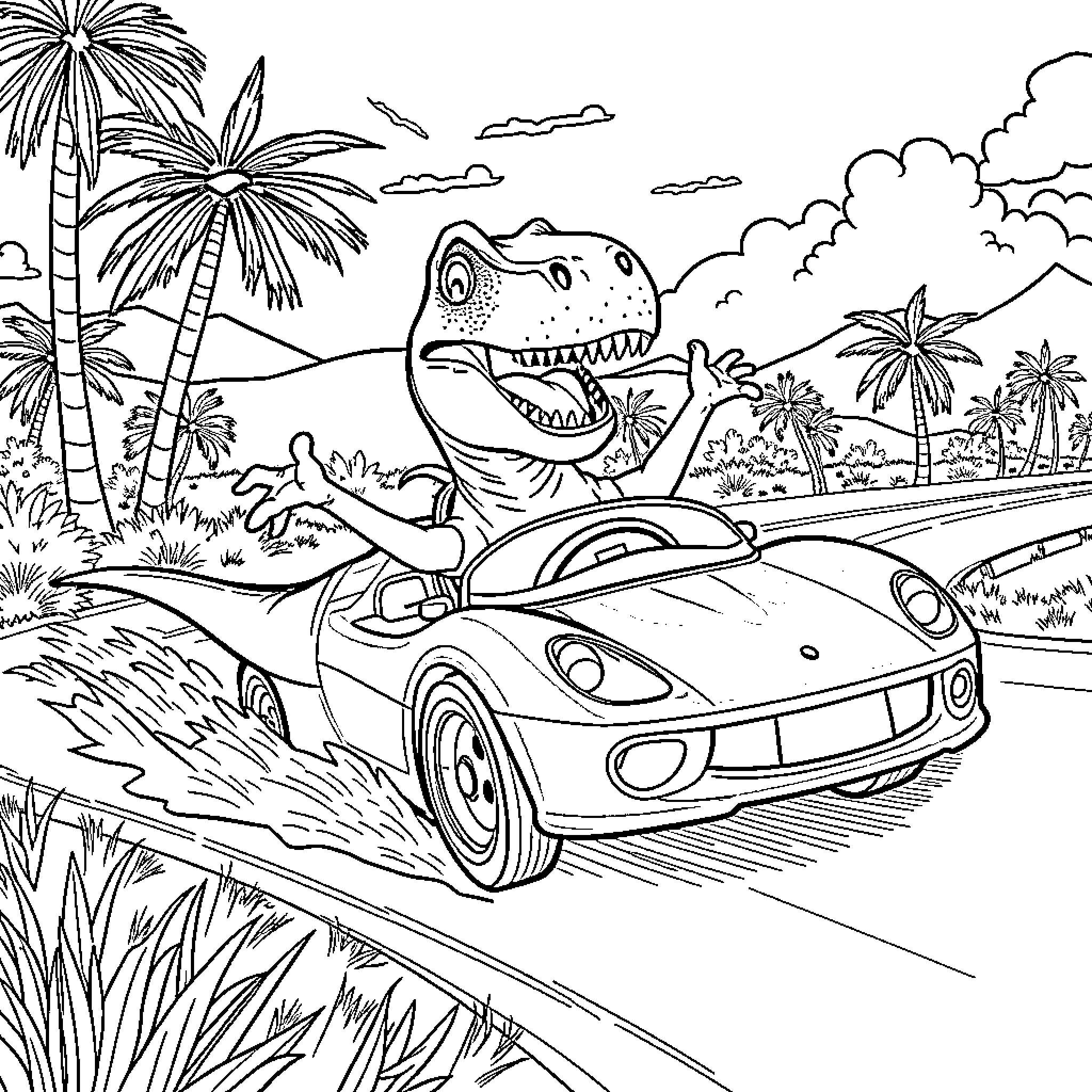 T-Rex driving sports car on tropical road Coloring Page (free black-and-white line drawing printable PDF for all, from beginners to advanced learners, including children, teens, adults, and seniors)