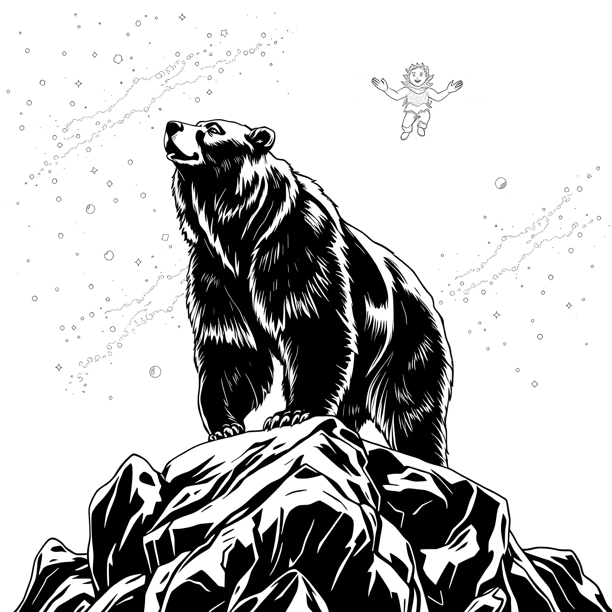 Bear roaring on snowy mountain with astronaut Coloring Page (free black-and-white line drawing printable PDF for all, from beginners to advanced learners, including children, teens, adults, and seniors)