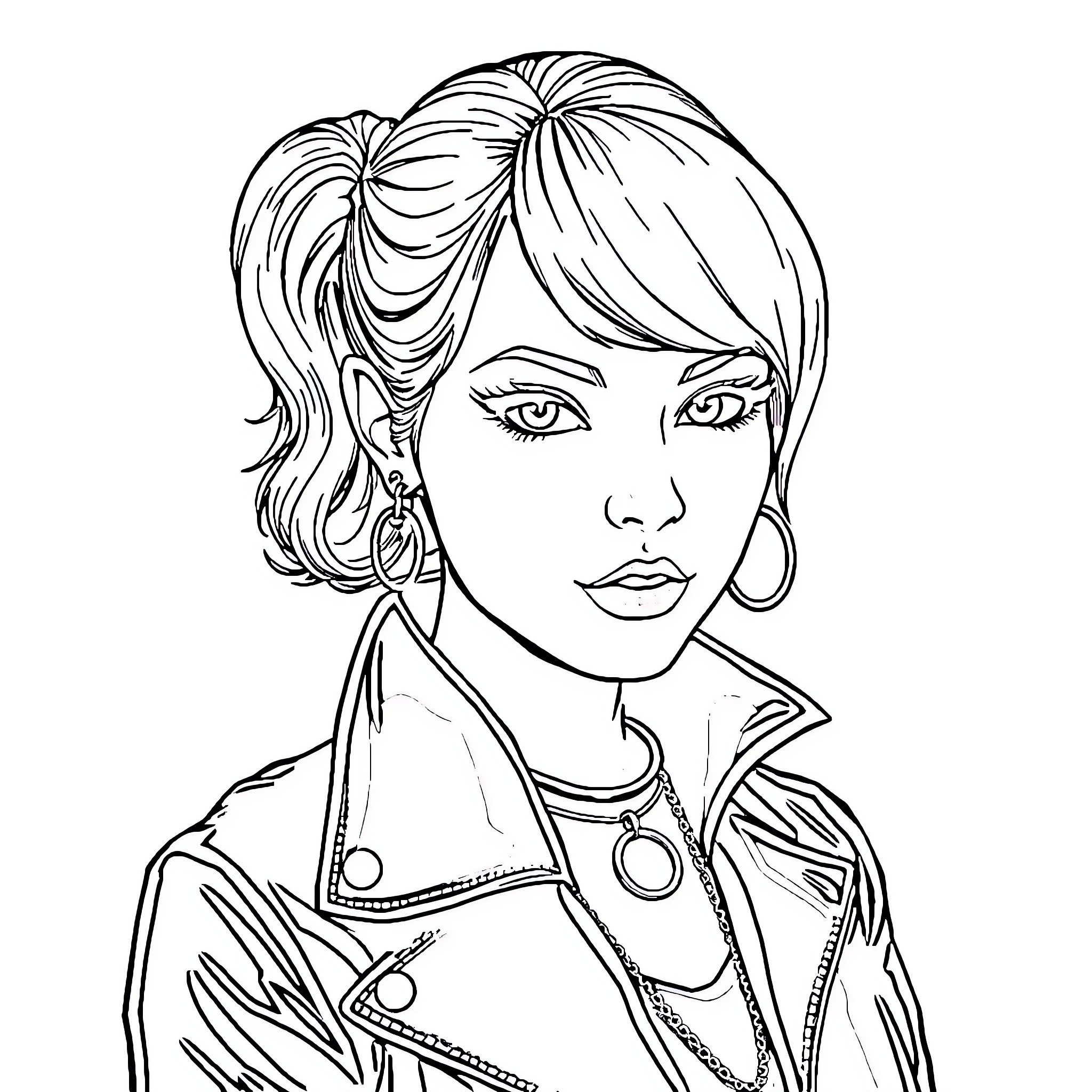 Betty's Stylish and Confident Portrayal Coloring Page (free black-and-white line drawing printable PDF for all, from beginners to advanced learners, including children, teens, adults, and seniors)