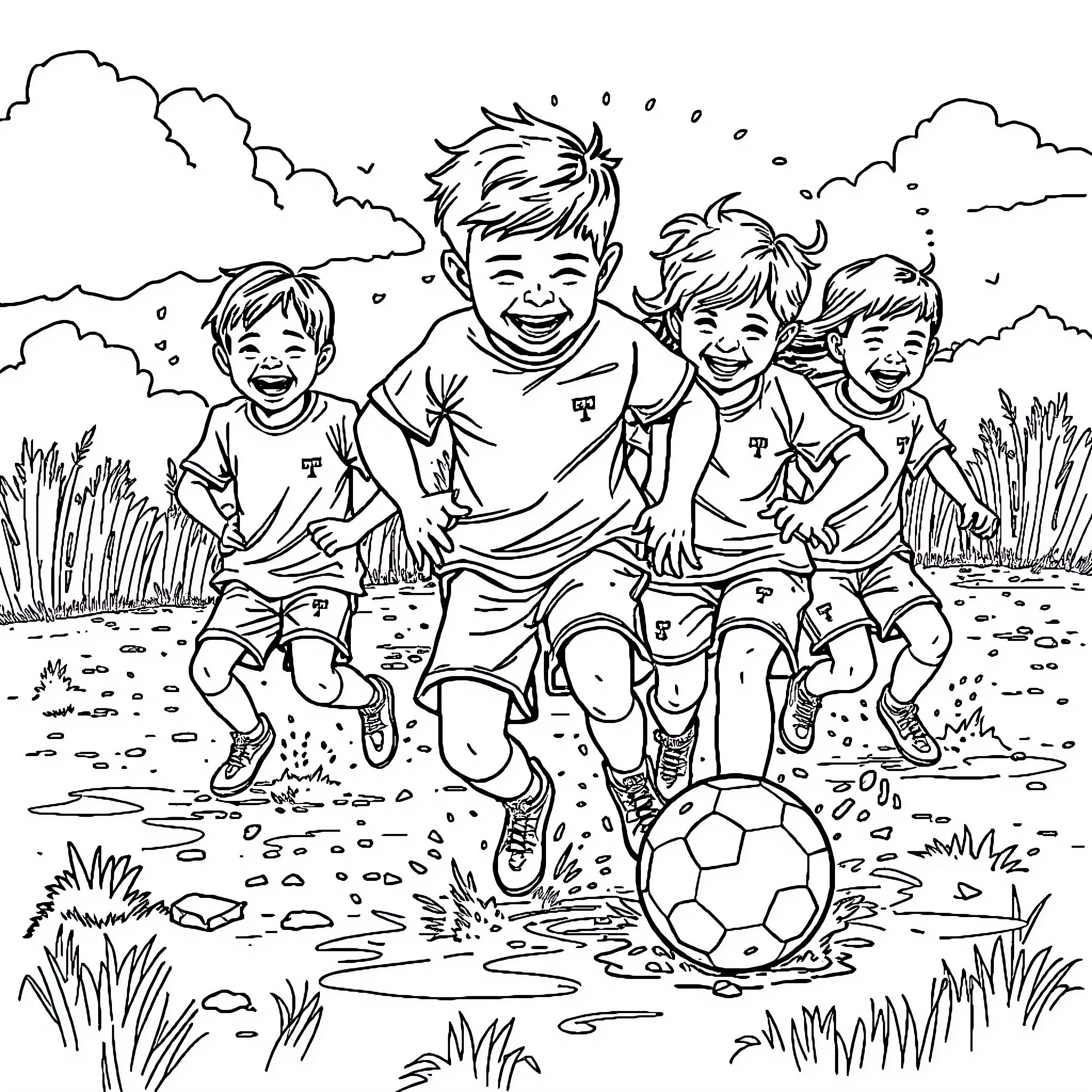 Football friends playing joyfully on the field Coloring Page (free black-and-white line drawing printable PDF for all, from beginners to advanced learners, including children, teens, adults, and seniors)