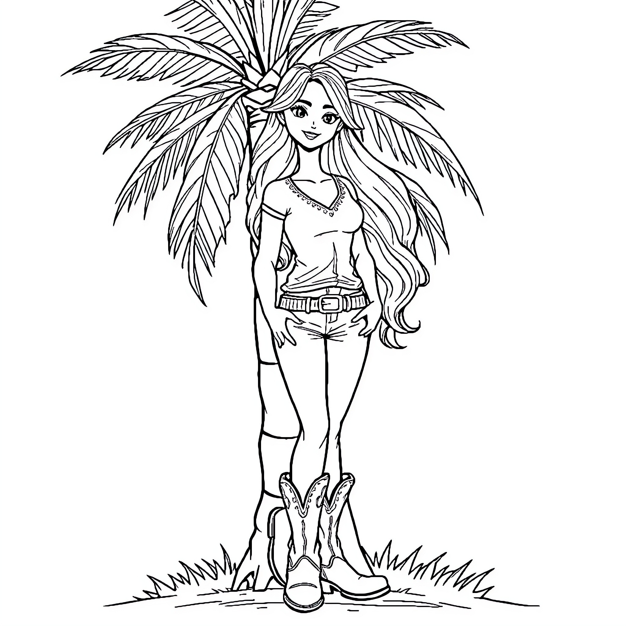 Girl standing under palm tree Coloring Page (free black-and-white line drawing printable PDF for all, from beginners to advanced learners, including children, teens, adults, and seniors)
