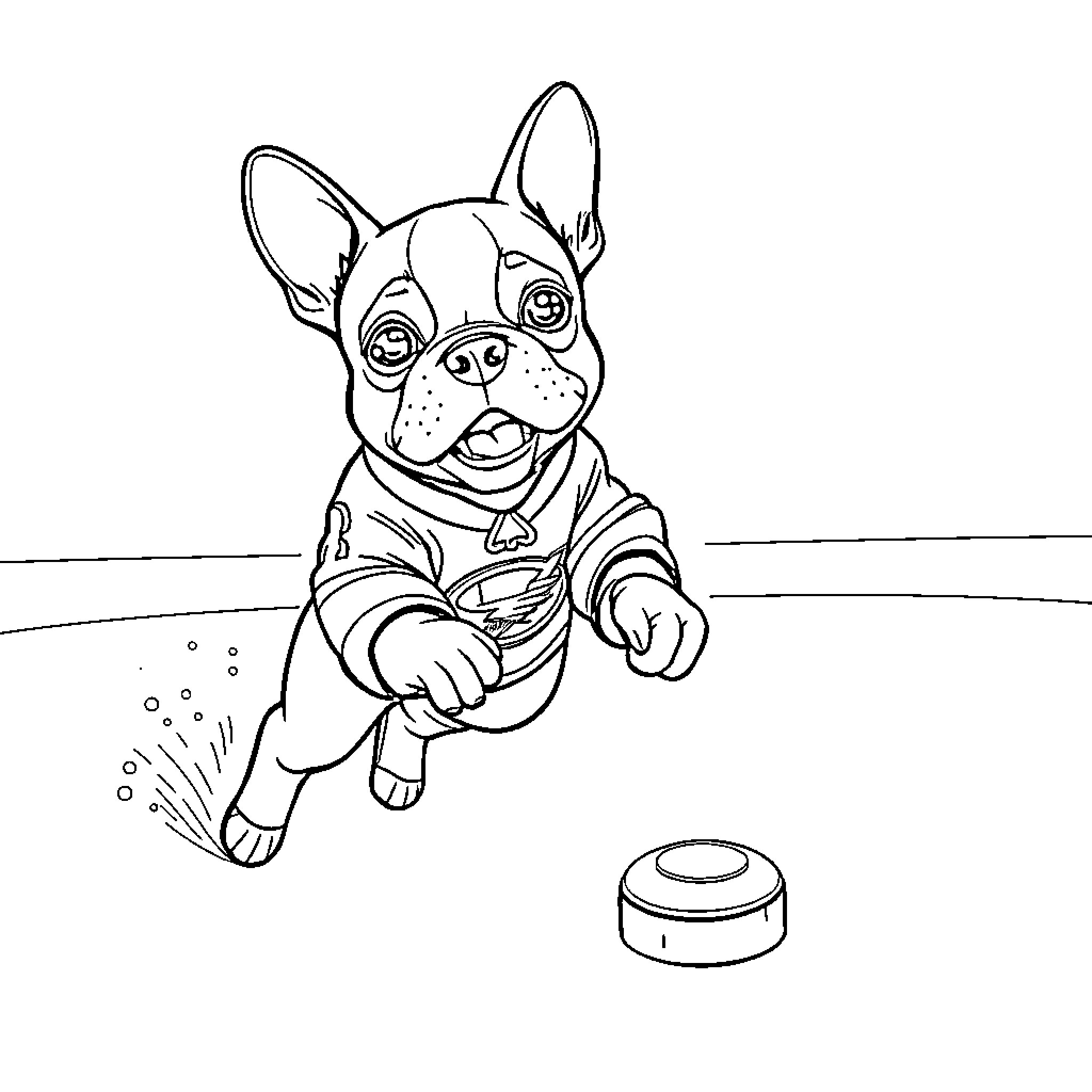 Boston Terrier playing fetch with toy Coloring Page (free black-and-white line drawing printable PDF for all, from beginners to advanced learners, including children, teens, adults, and seniors)