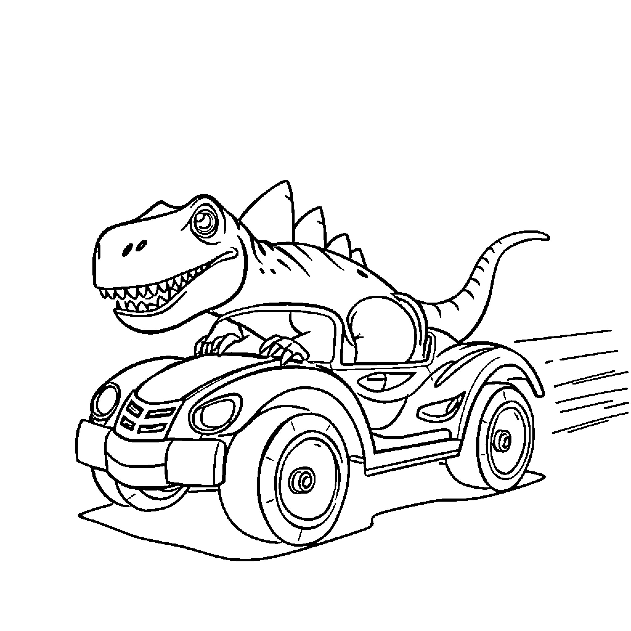 Dinosaur riding a speeding car Coloring Page (free black-and-white line drawing printable PDF for all, from beginners to advanced learners, including children, teens, adults, and seniors)