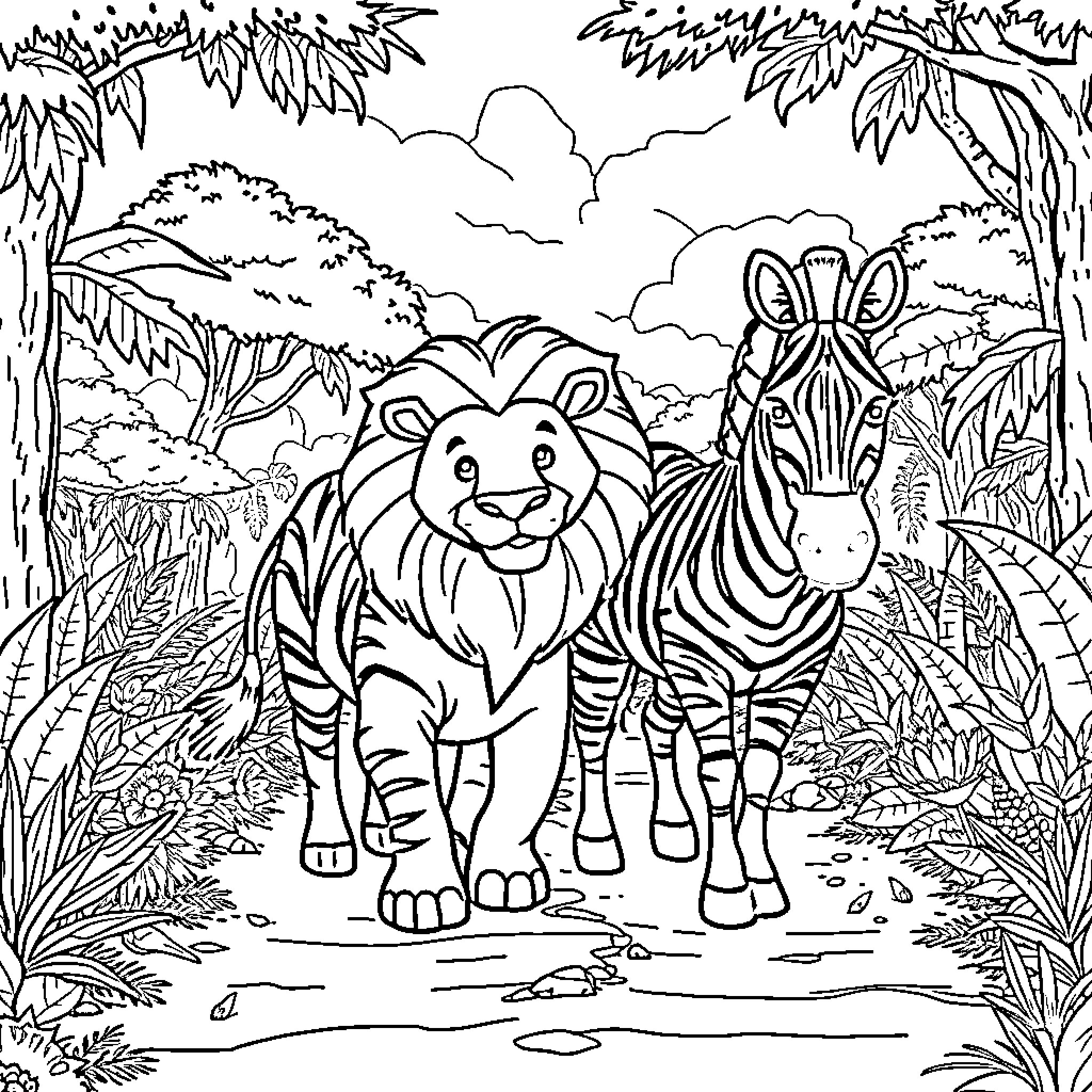Lion and Zebra in Lush Jungle Landscape Coloring Page (free black-and-white line drawing printable PDF for all, from beginners to advanced learners, including children, teens, adults, and seniors)