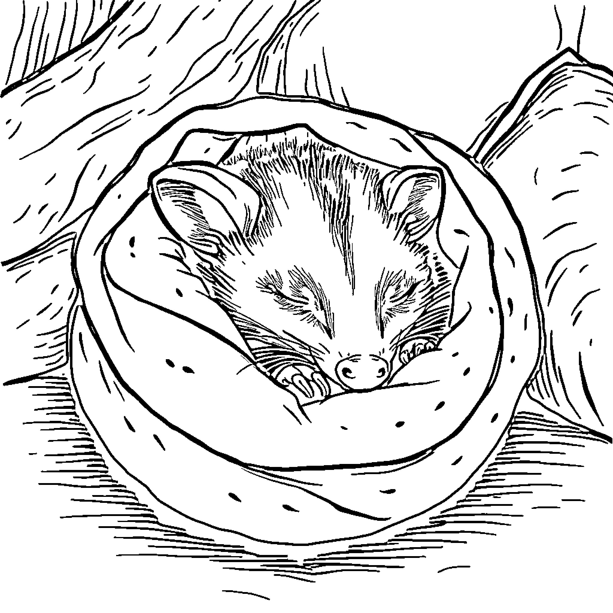 Opossum sleeping peacefully in its nest Coloring Page (free black-and-white line drawing printable PDF for all, from beginners to advanced learners, including children, teens, adults, and seniors)