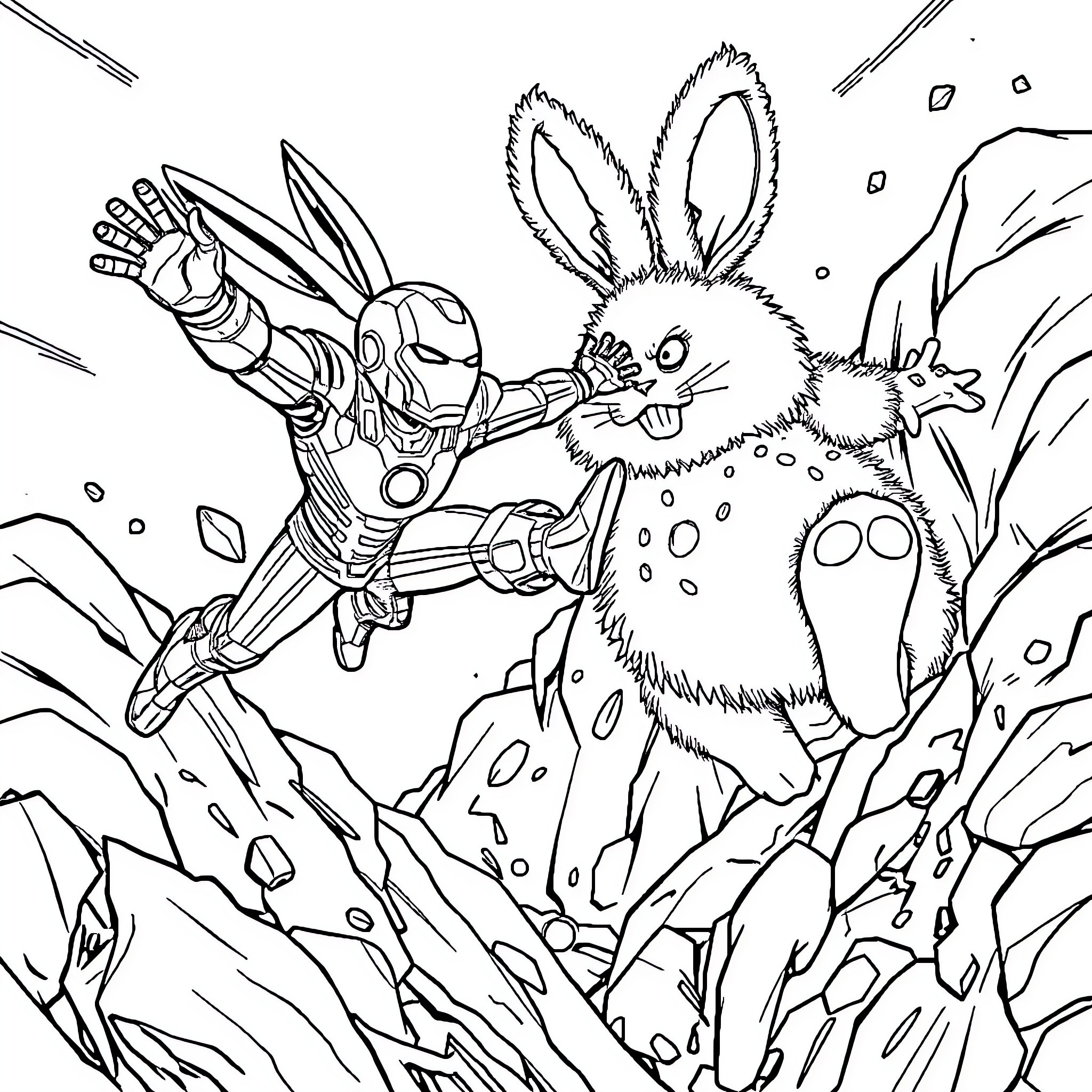 Ironman confronting a fierce rabbit in action Coloring Page (free black-and-white line drawing printable PDF for all, from beginners to advanced learners, including children, teens, adults, and seniors)