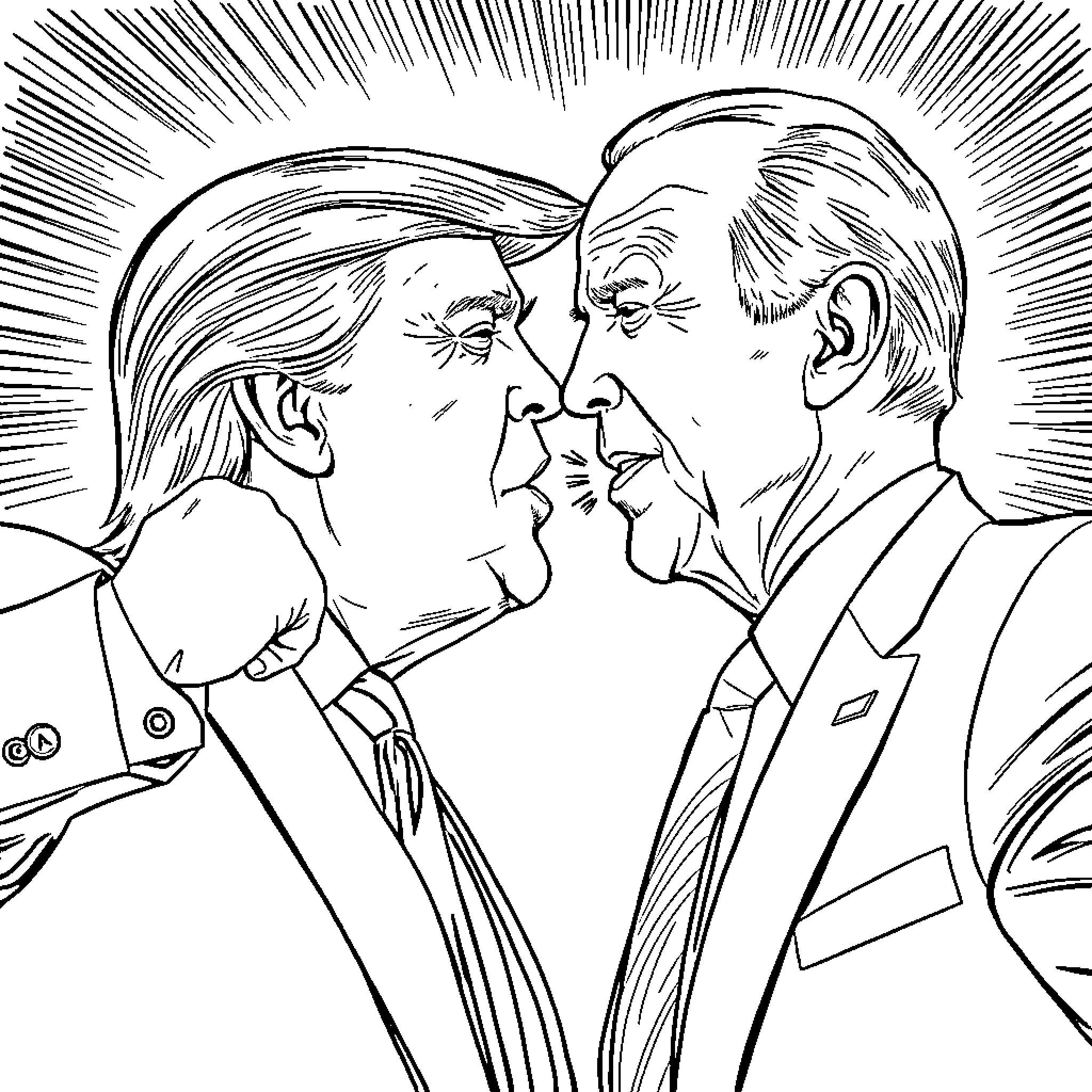 Donald Trump and Rival Engage in Intense Confrontation Coloring Page (free black-and-white line drawing printable PDF for all, from beginners to advanced learners, including children, teens, adults, and seniors)