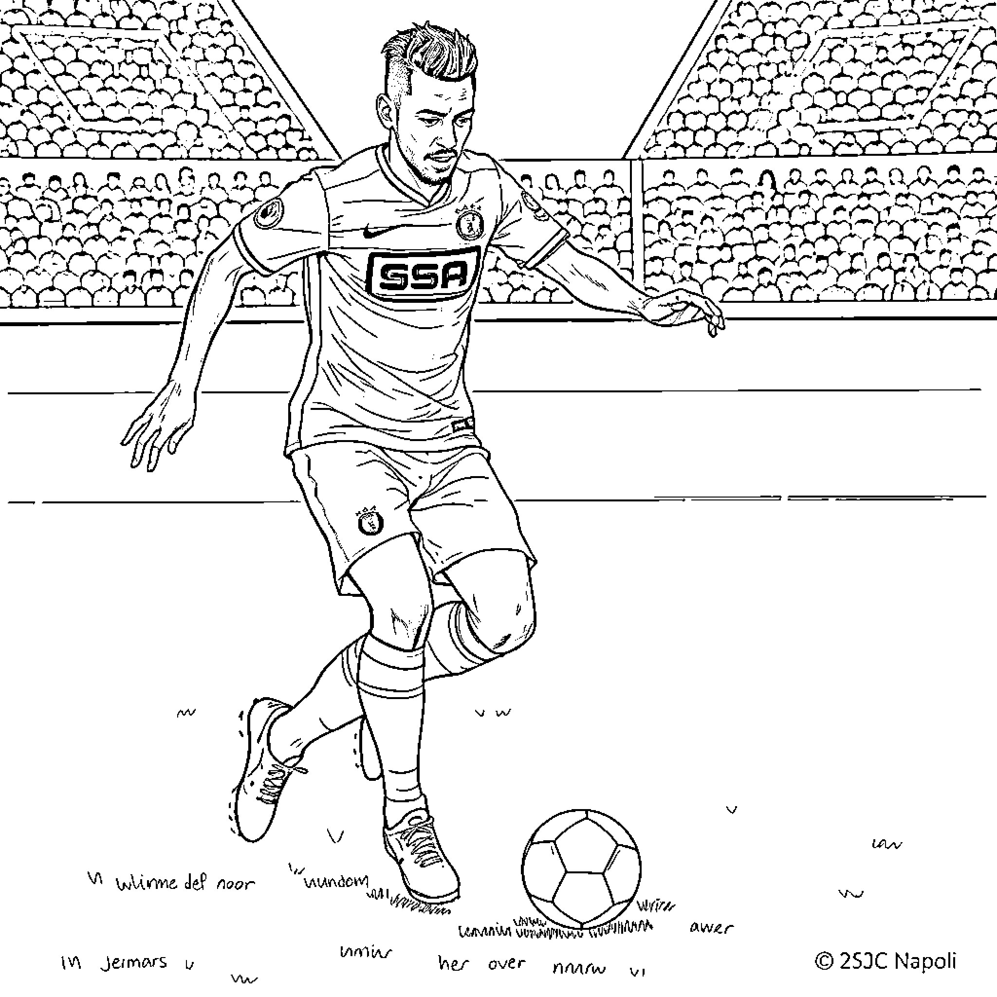 Neymar in action on the soccer field Coloring Page (free black-and-white line drawing printable PDF for all, from beginners to advanced learners, including children, teens, adults, and seniors)