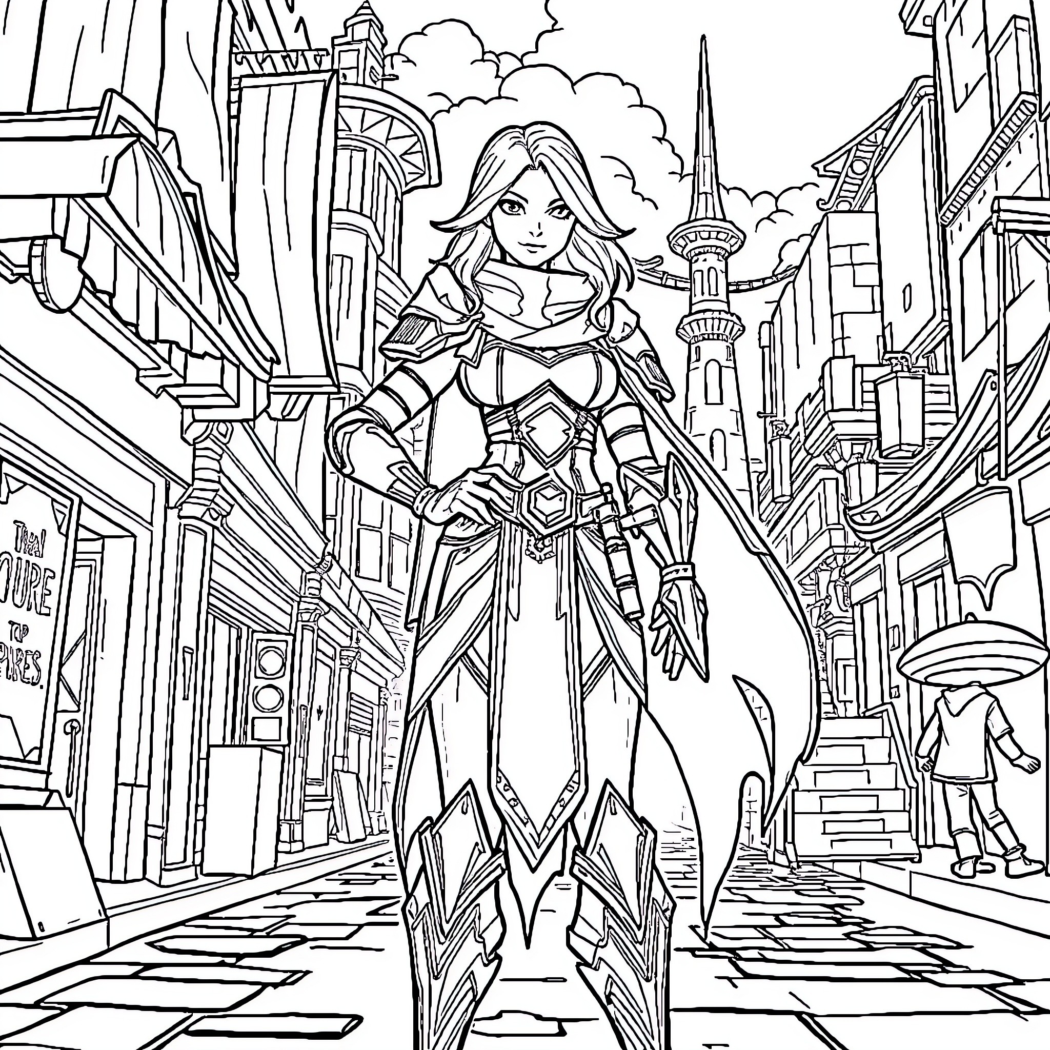 Sevika's Valiant Journey through the City Streets Coloring Page (free black-and-white line drawing printable PDF for all, from beginners to advanced learners, including children, teens, adults, and seniors)