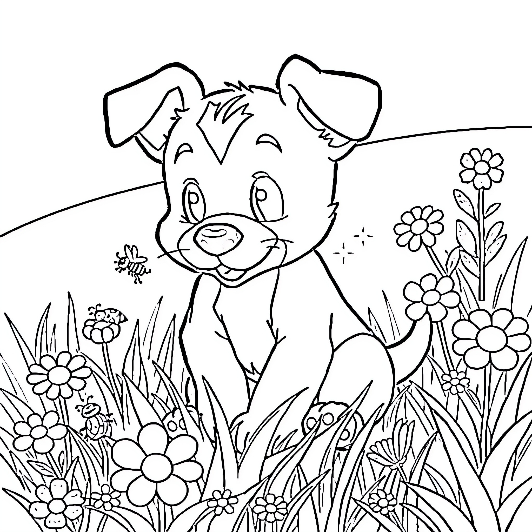 Bluey exploring the flowery meadow Coloring Page (free black-and-white line drawing printable PDF for all, from beginners to advanced learners, including children, teens, adults, and seniors)