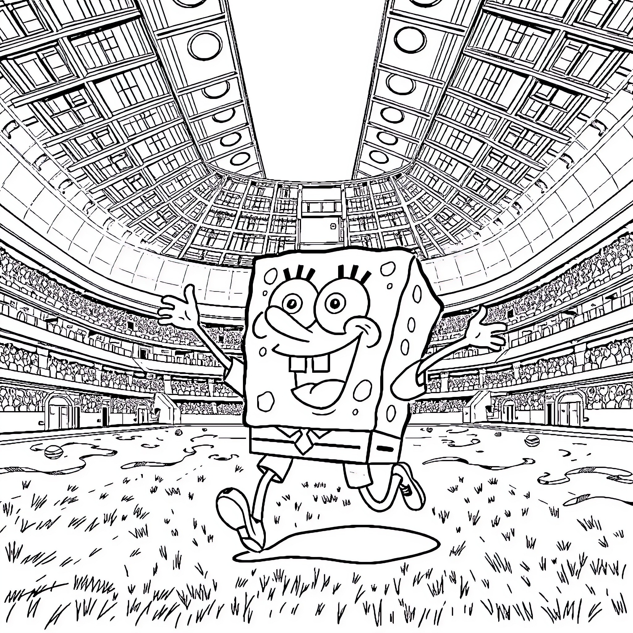 Spongebob having fun in a grand stadium Coloring Page (free black-and-white line drawing printable PDF for all, from beginners to advanced learners, including children, teens, adults, and seniors)