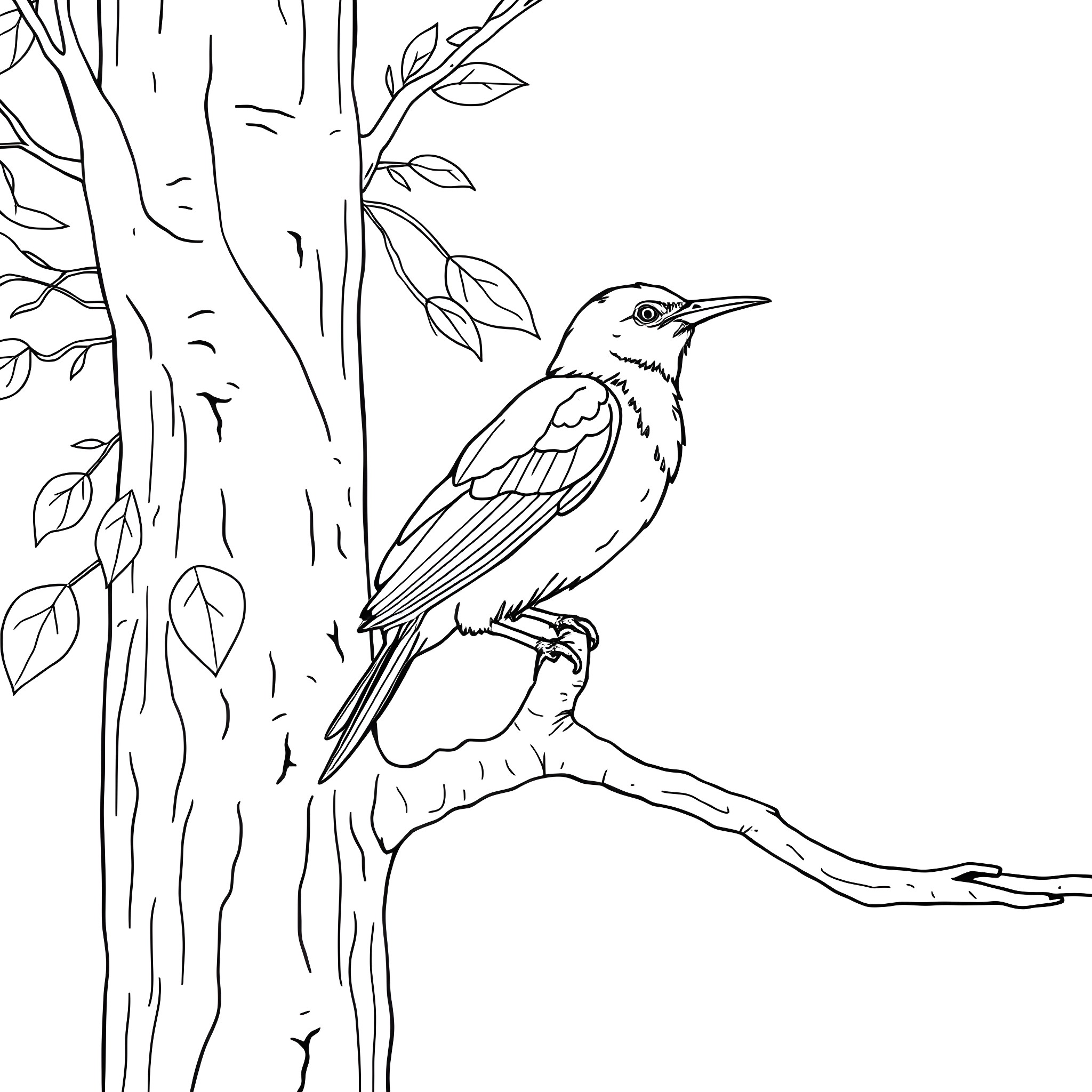 Honey Creeper perched on a tree branch Coloring Page (free black-and-white line drawing printable PDF for all, from beginners to advanced learners, including children, teens, adults, and seniors)