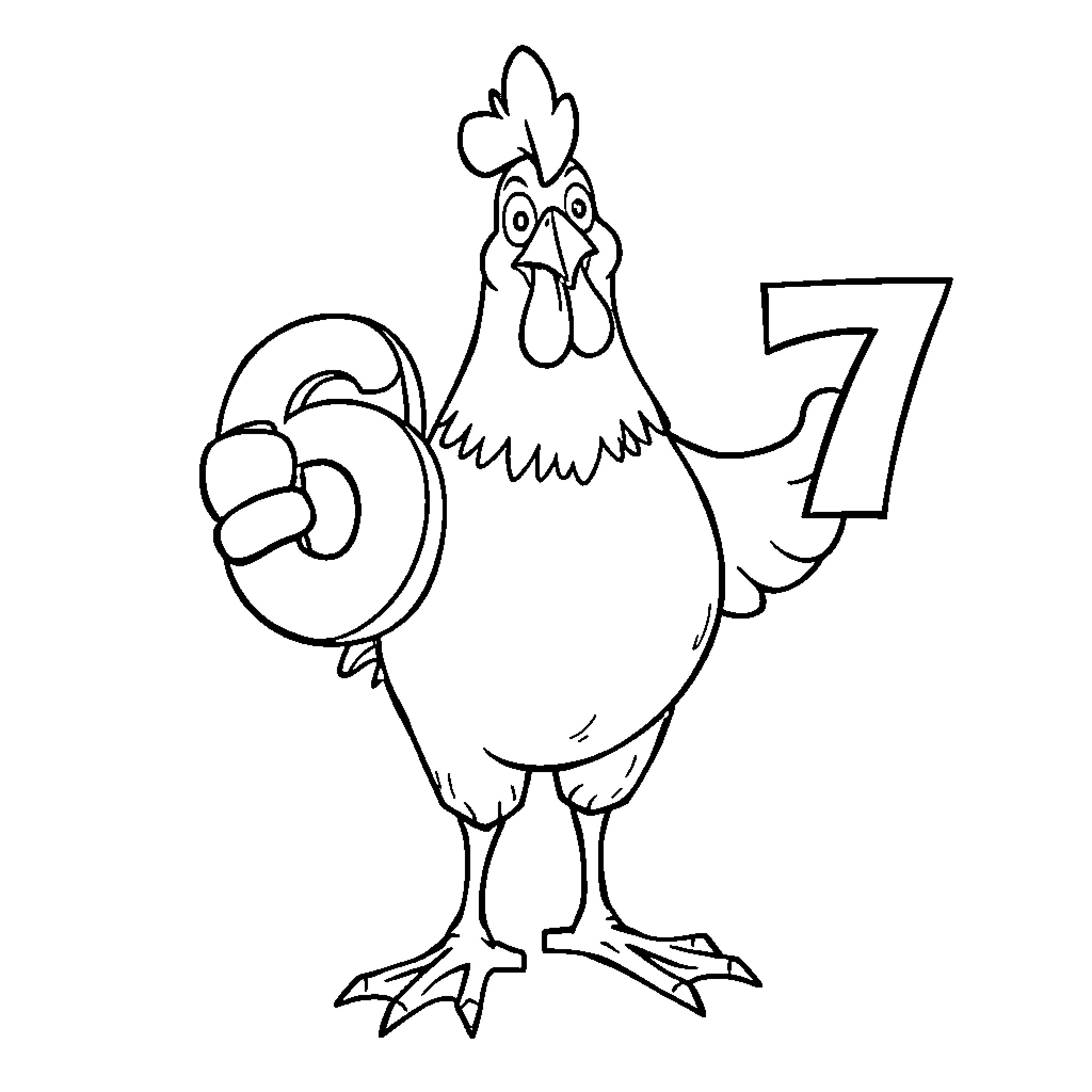 Chicken holding a number 7 sign Coloring Page (free black-and-white line drawing printable PDF for all, from beginners to advanced learners, including children, teens, adults, and seniors)