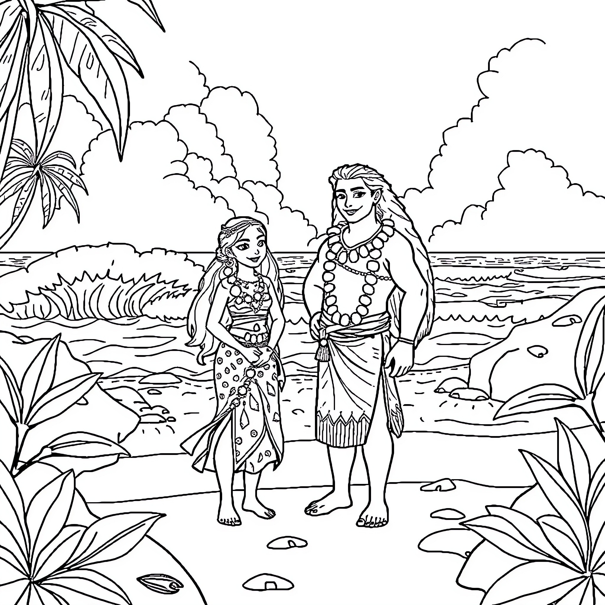 Vaiana and Maui in a tropical island adventure Coloring Page (free black-and-white line drawing printable PDF for all, from beginners to advanced learners, including children, teens, adults, and seniors)
