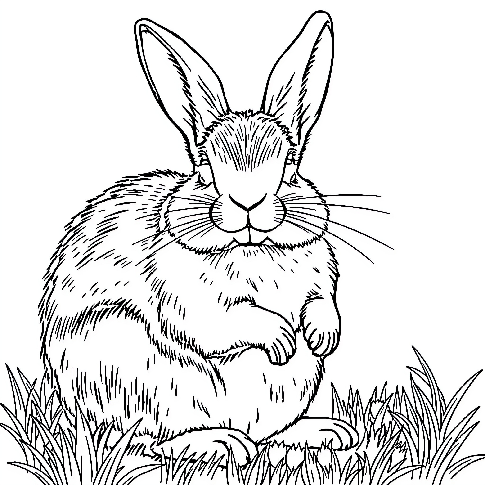 Rabbit resting peacefully in the grass Coloring Page (free black-and-white line drawing printable PDF for all, from beginners to advanced learners, including children, teens, adults, and seniors)