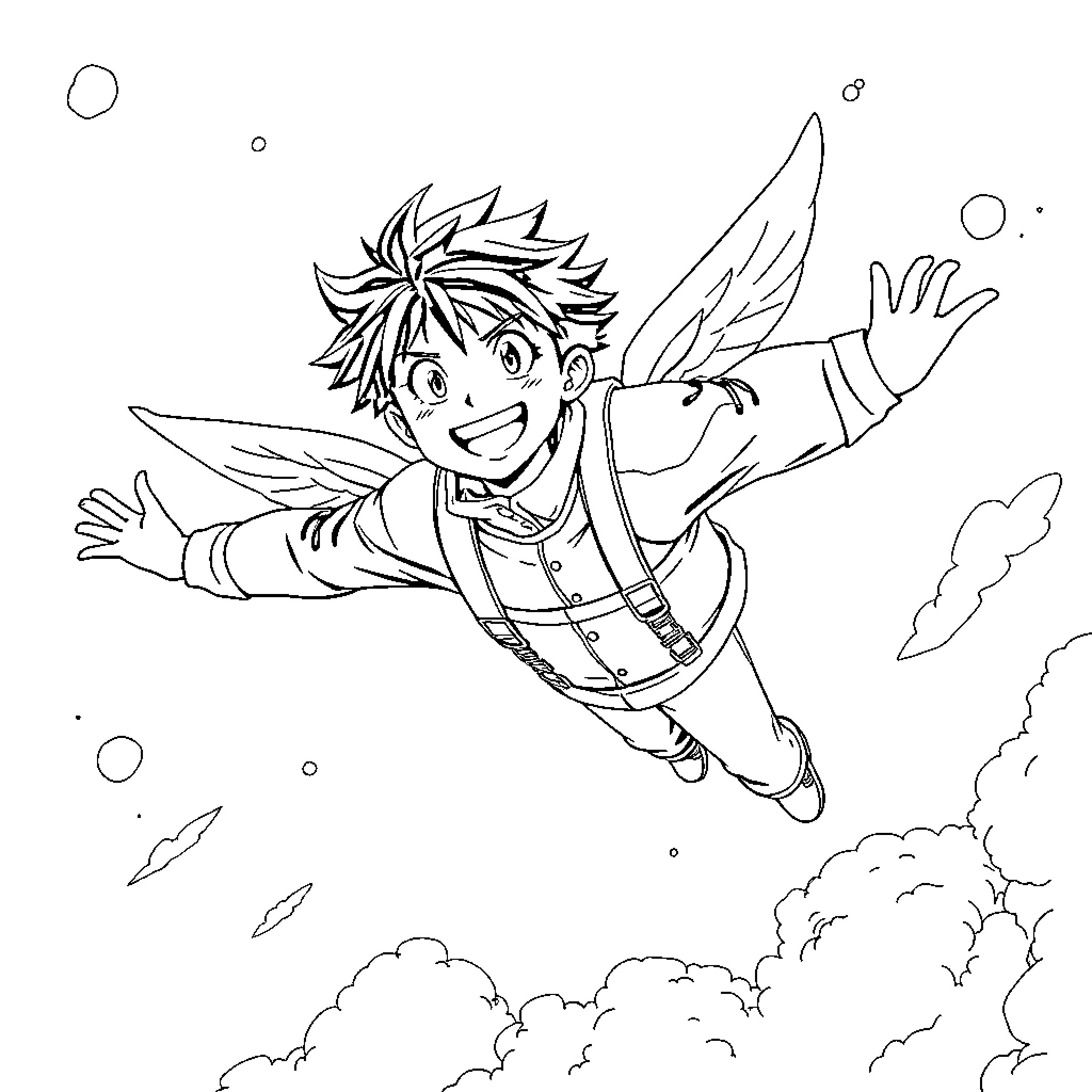 Izuku Midorya soaring through the skies with excitement Coloring Page (free black-and-white line drawing printable PDF for all, from beginners to advanced learners, including children, teens, adults, and seniors)
