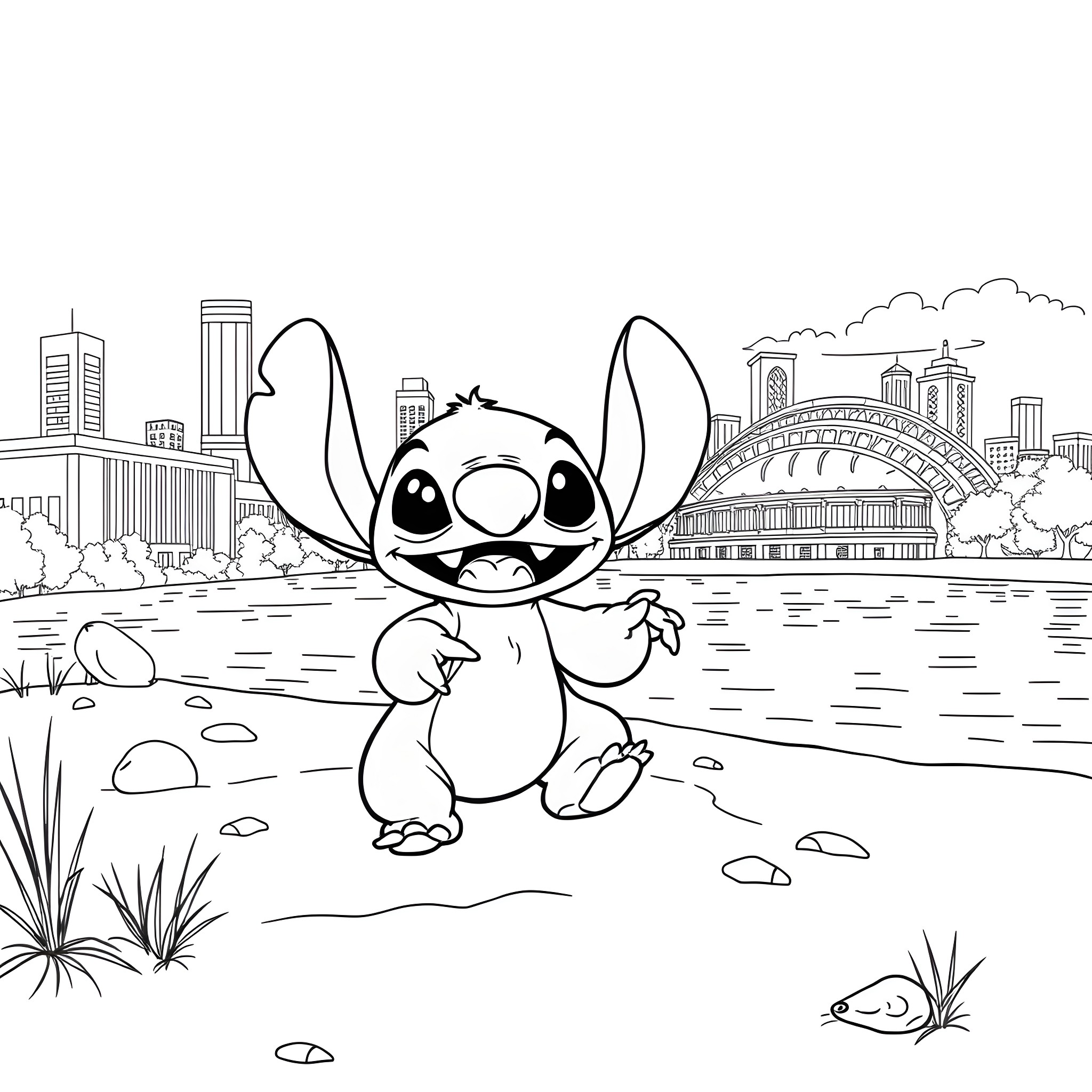 Stitch enjoying the city scenery Coloring Page (free black-and-white line drawing printable PDF for all, from beginners to advanced learners, including children, teens, adults, and seniors)