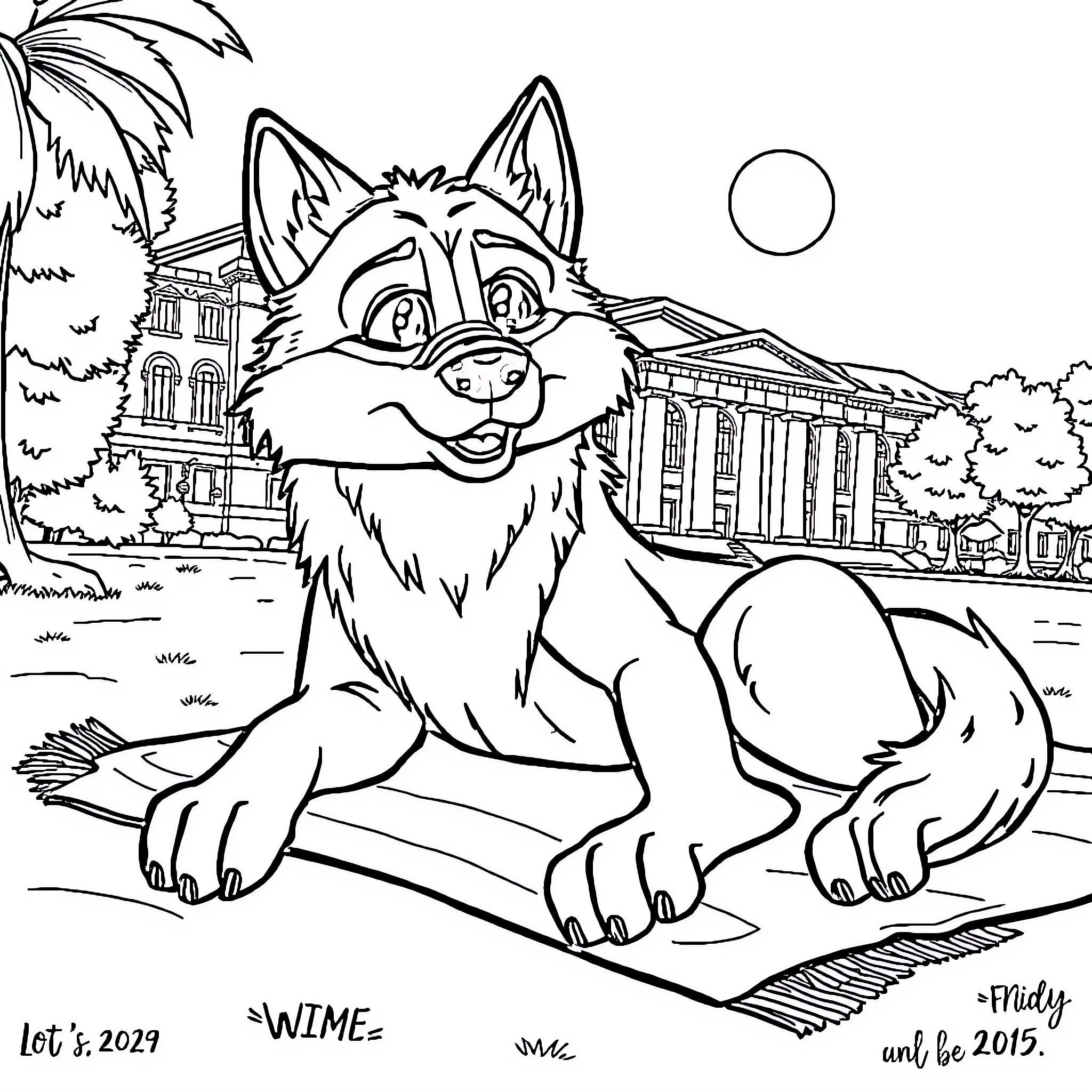 Wolf enjoying the scenery in front of a building Coloring Page (free black-and-white line drawing printable PDF for all, from beginners to advanced learners, including children, teens, adults, and seniors)