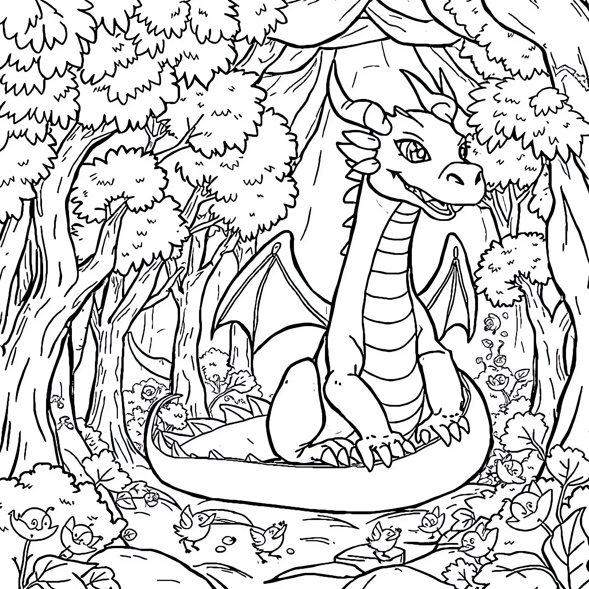 Dragon relaxing in enchanted forest Coloring Page (free black-and-white line drawing printable PDF for all, from beginners to advanced learners, including children, teens, adults, and seniors)