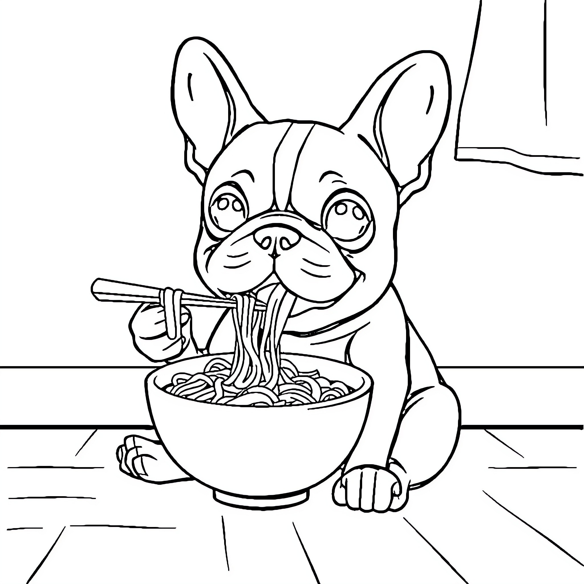 French Bulldog Enjoying a Hearty Meal Coloring Page (free black-and-white line drawing printable PDF for all, from beginners to advanced learners, including children, teens, adults, and seniors)